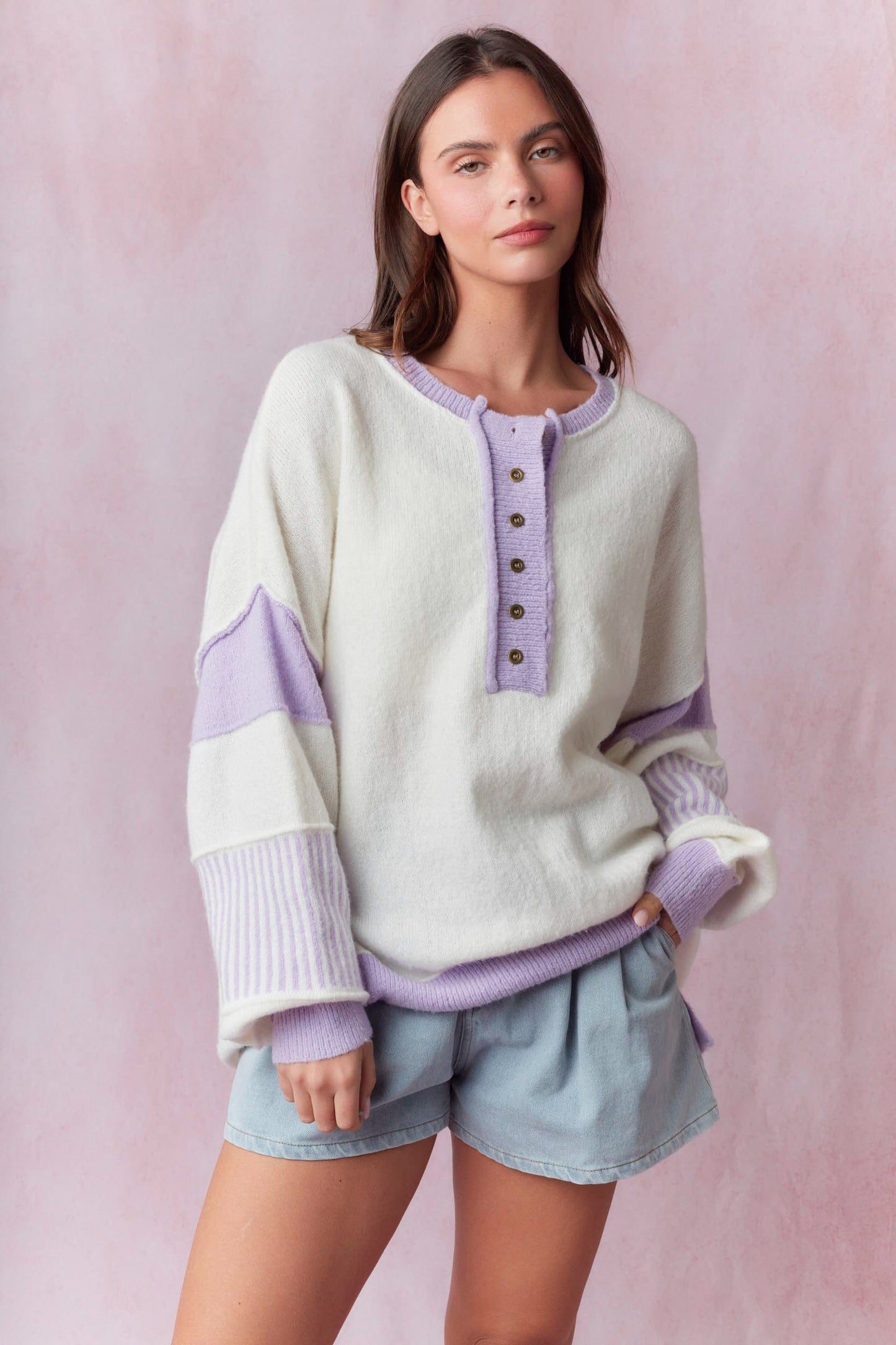 Color Contrast Oversized Henry Neck Sweater