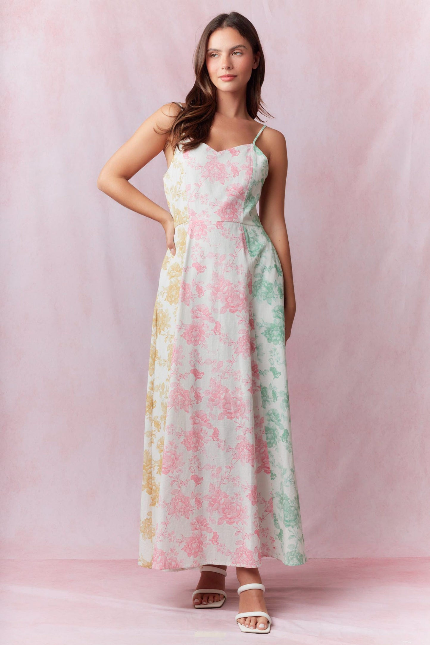 Floral Printed Cotton Linen Color Mix Sleeveless Midi Dress