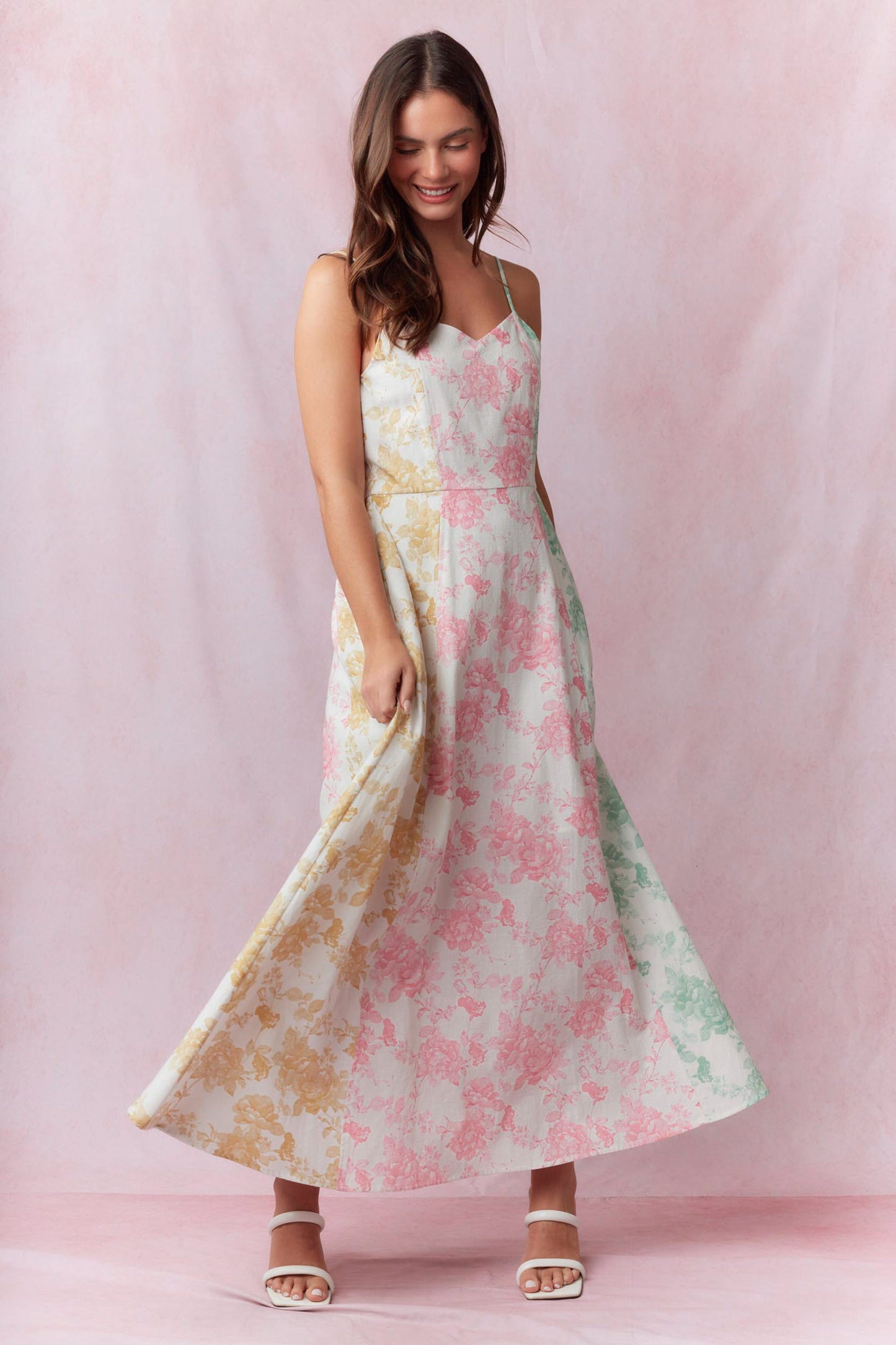 Floral Printed Cotton Linen Color Mix Sleeveless Midi Dress