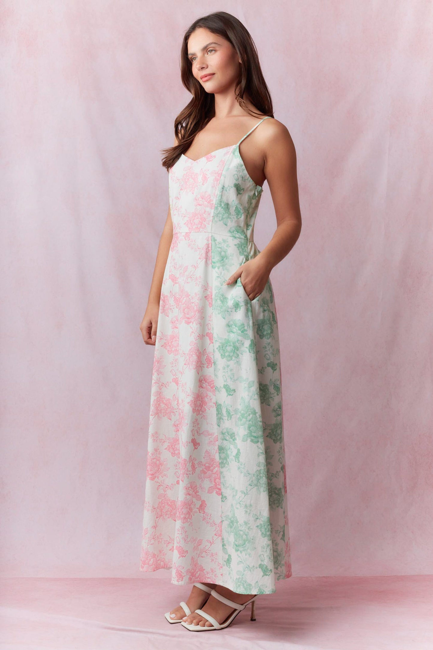 Floral Printed Cotton Linen Color Mix Sleeveless Midi Dress