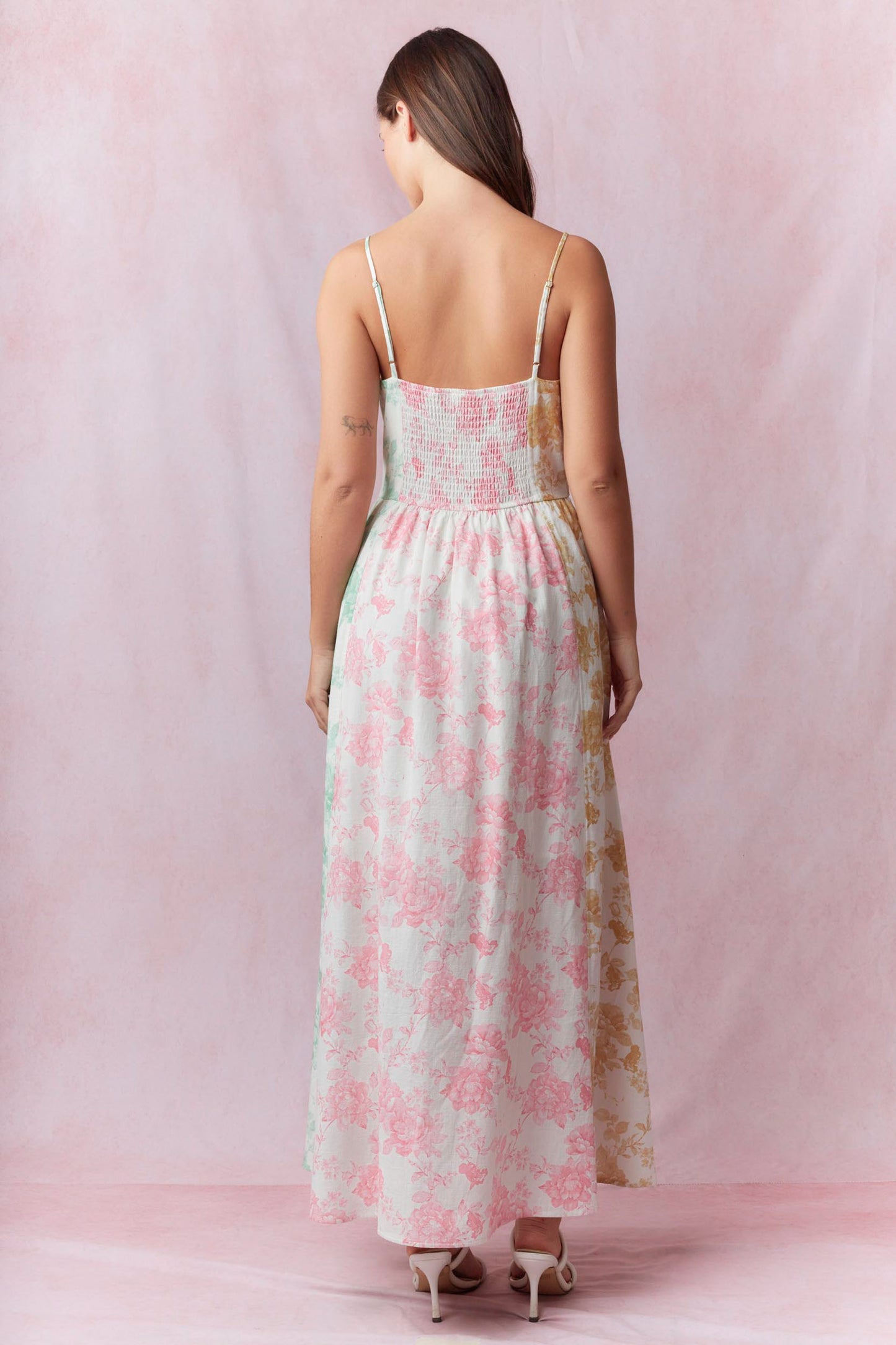 Floral Printed Cotton Linen Color Mix Sleeveless Midi Dress