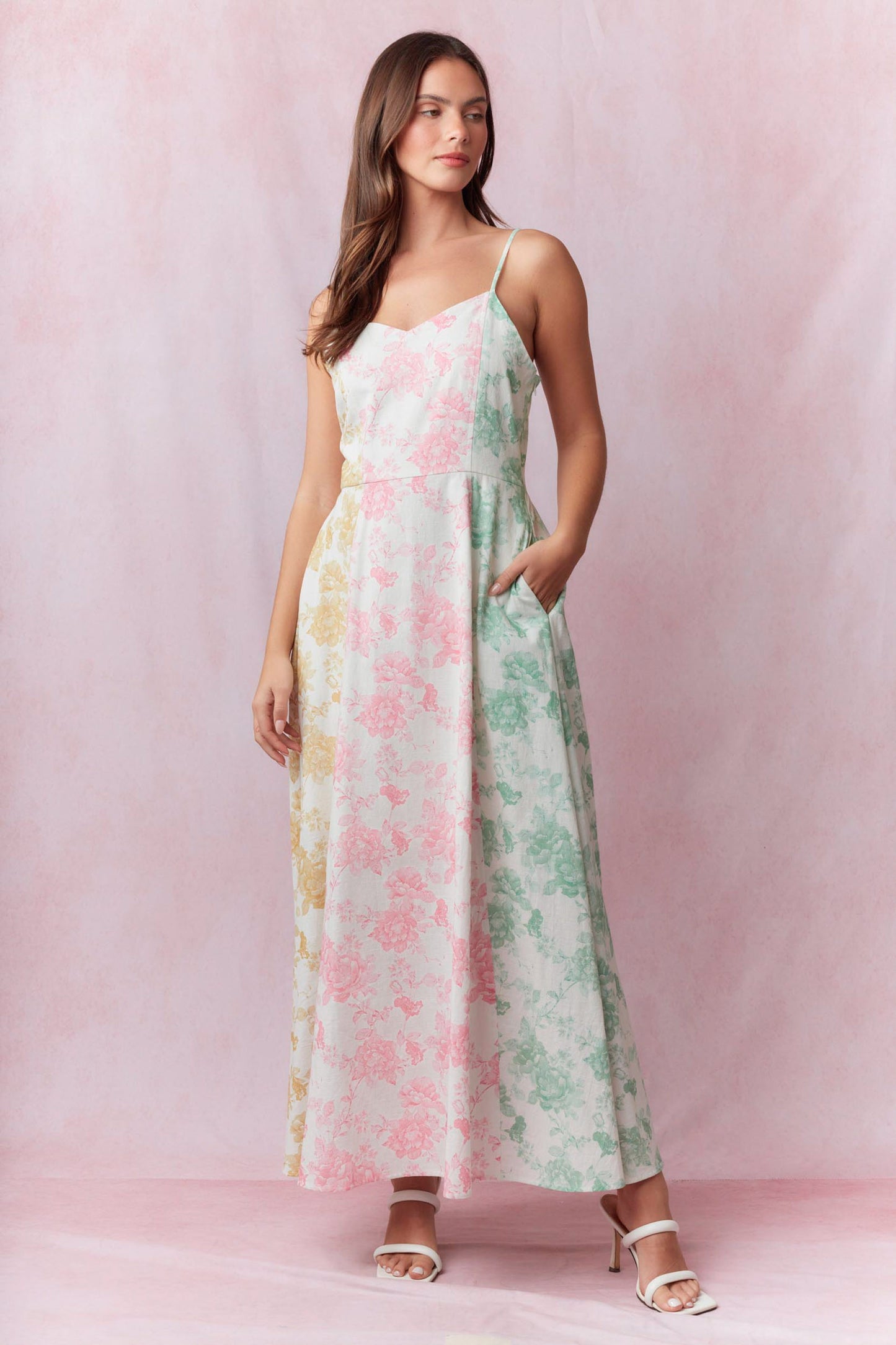Floral Printed Cotton Linen Color Mix Sleeveless Midi Dress