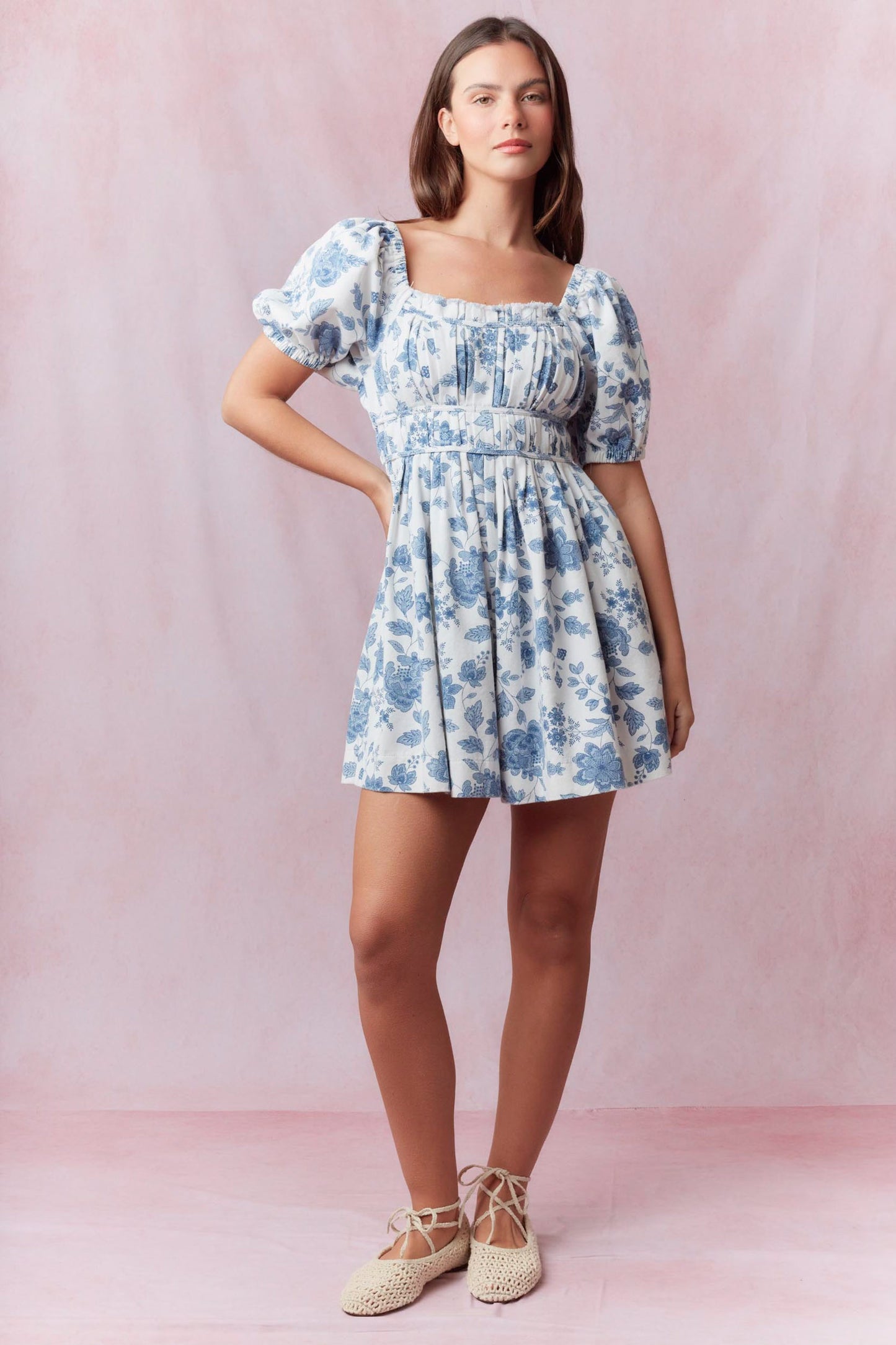 Floral Printed Twill Pleats Romper