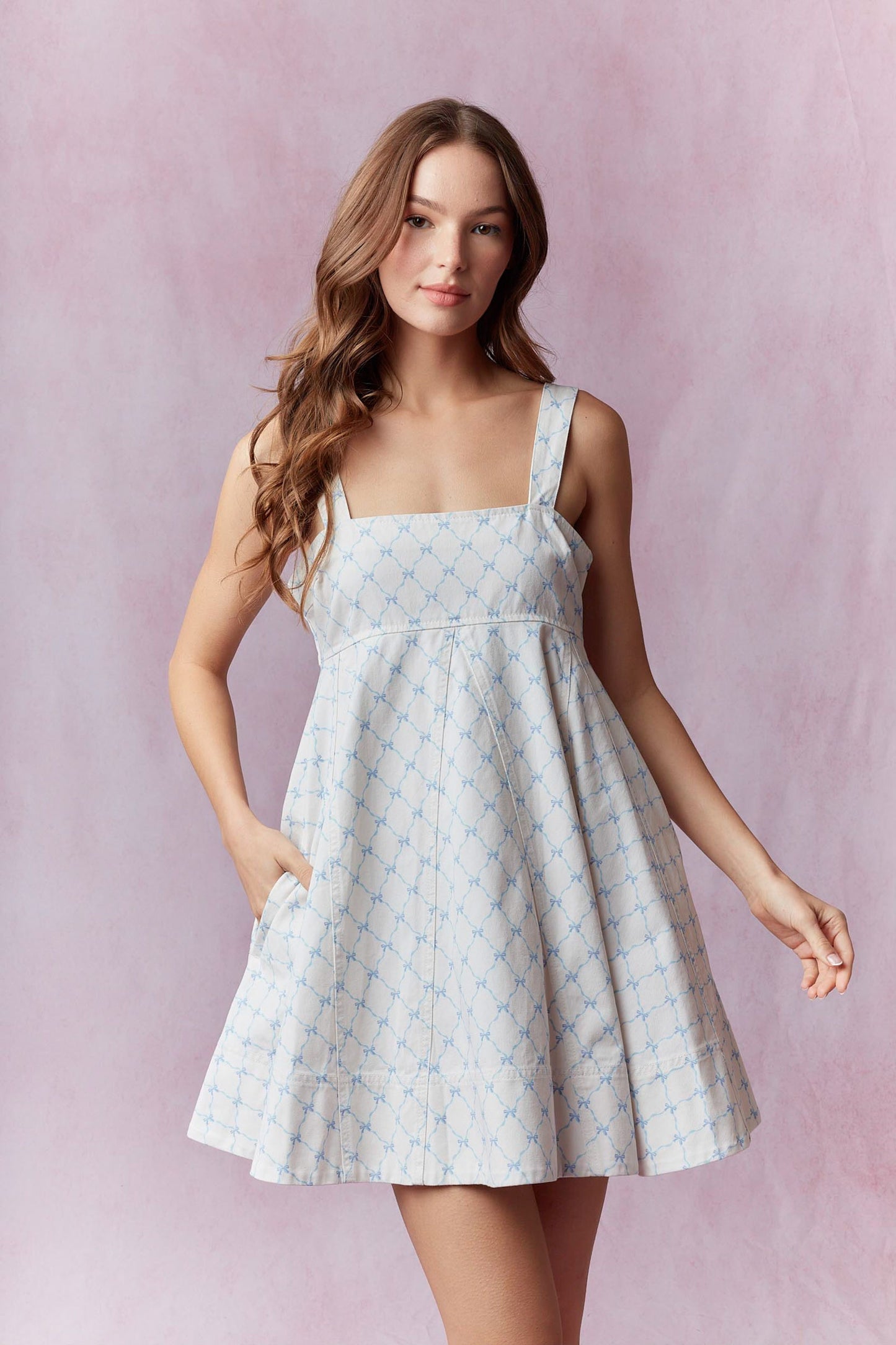 Bow Printed Denim Dress