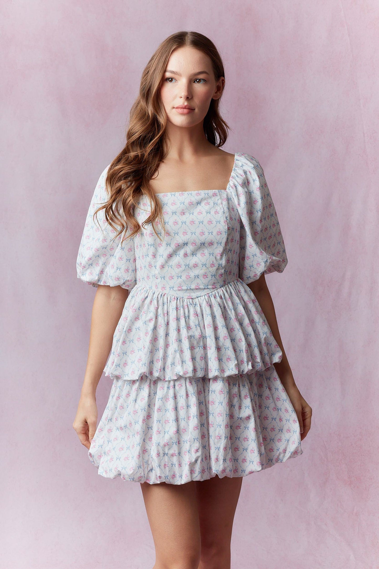 Cotton Poplin Floral Printed Double Bubble Hem Mini Dress