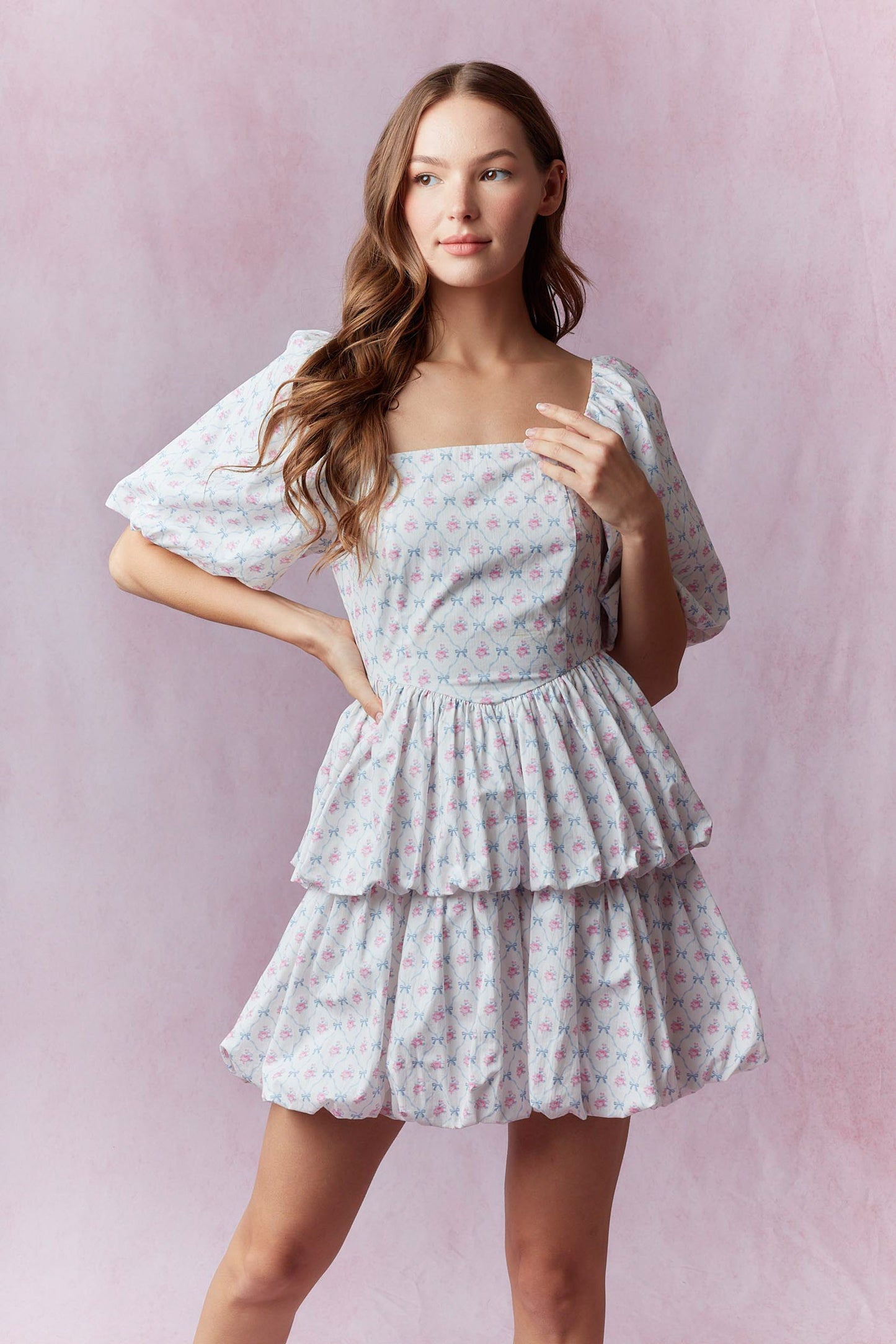 Cotton Poplin Floral Printed Double Bubble Hem Mini Dress