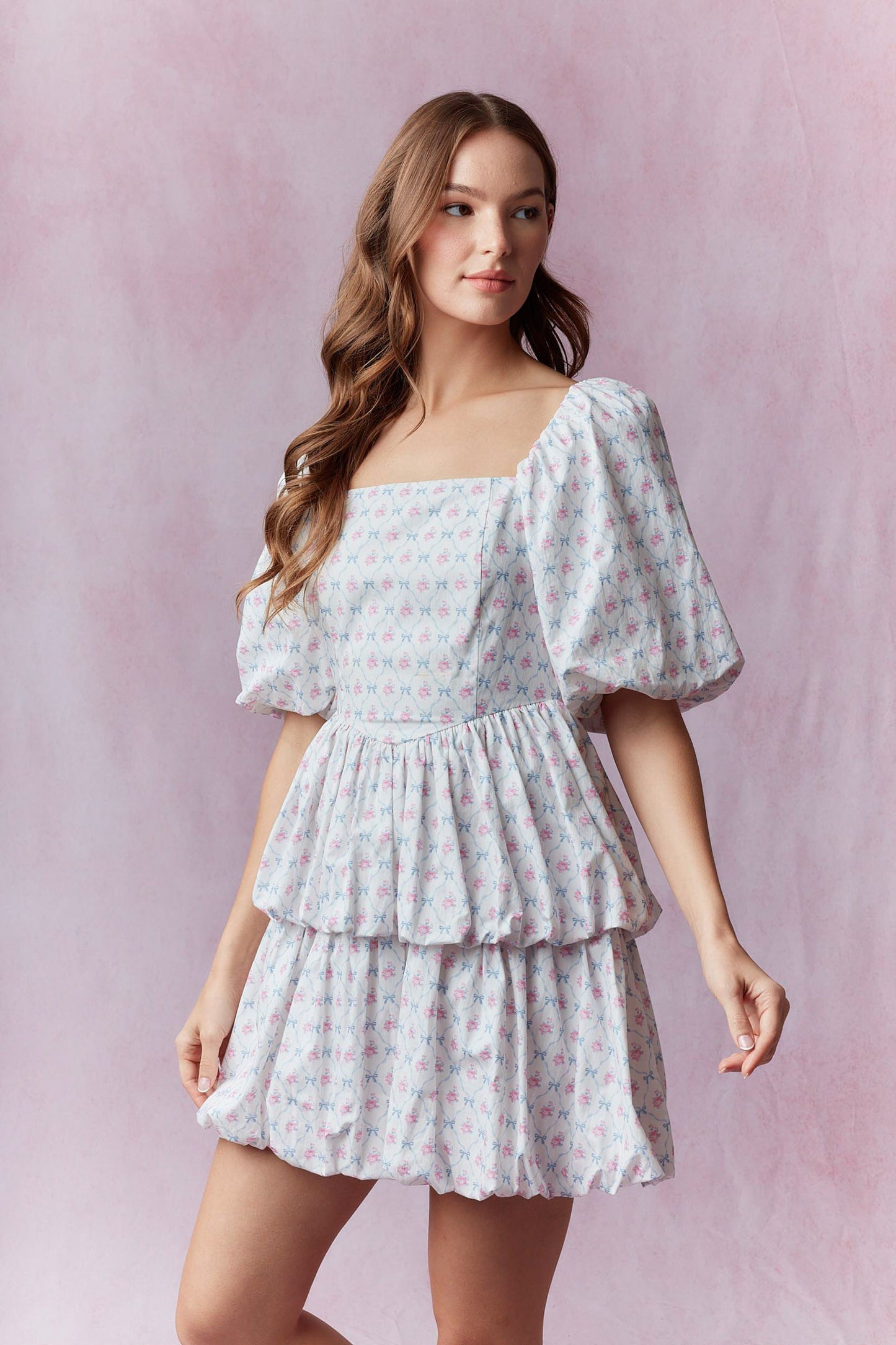 Cotton Poplin Floral Printed Double Bubble Hem Mini Dress