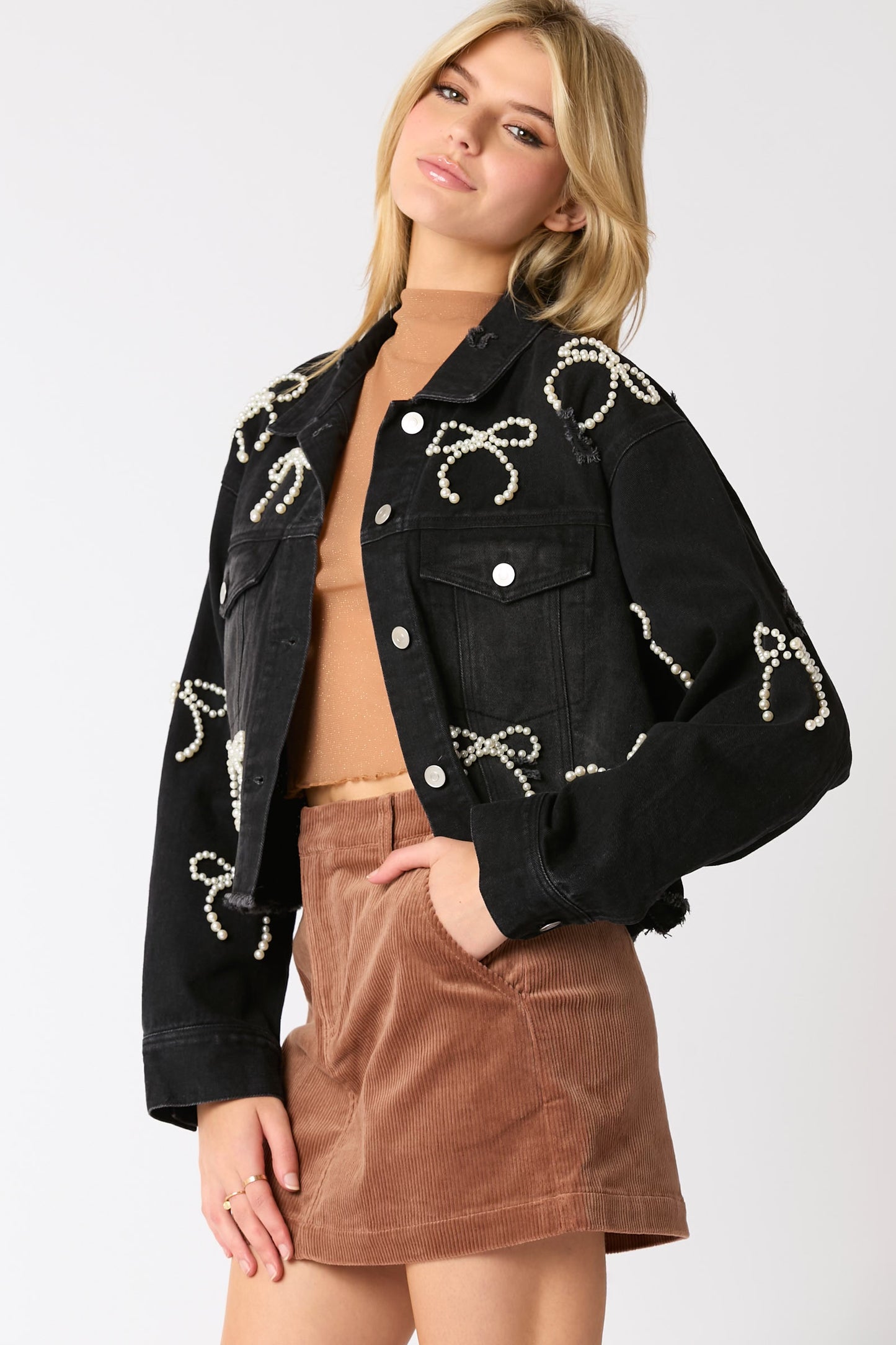 Pearl Bow Embellished Cropped Jacket