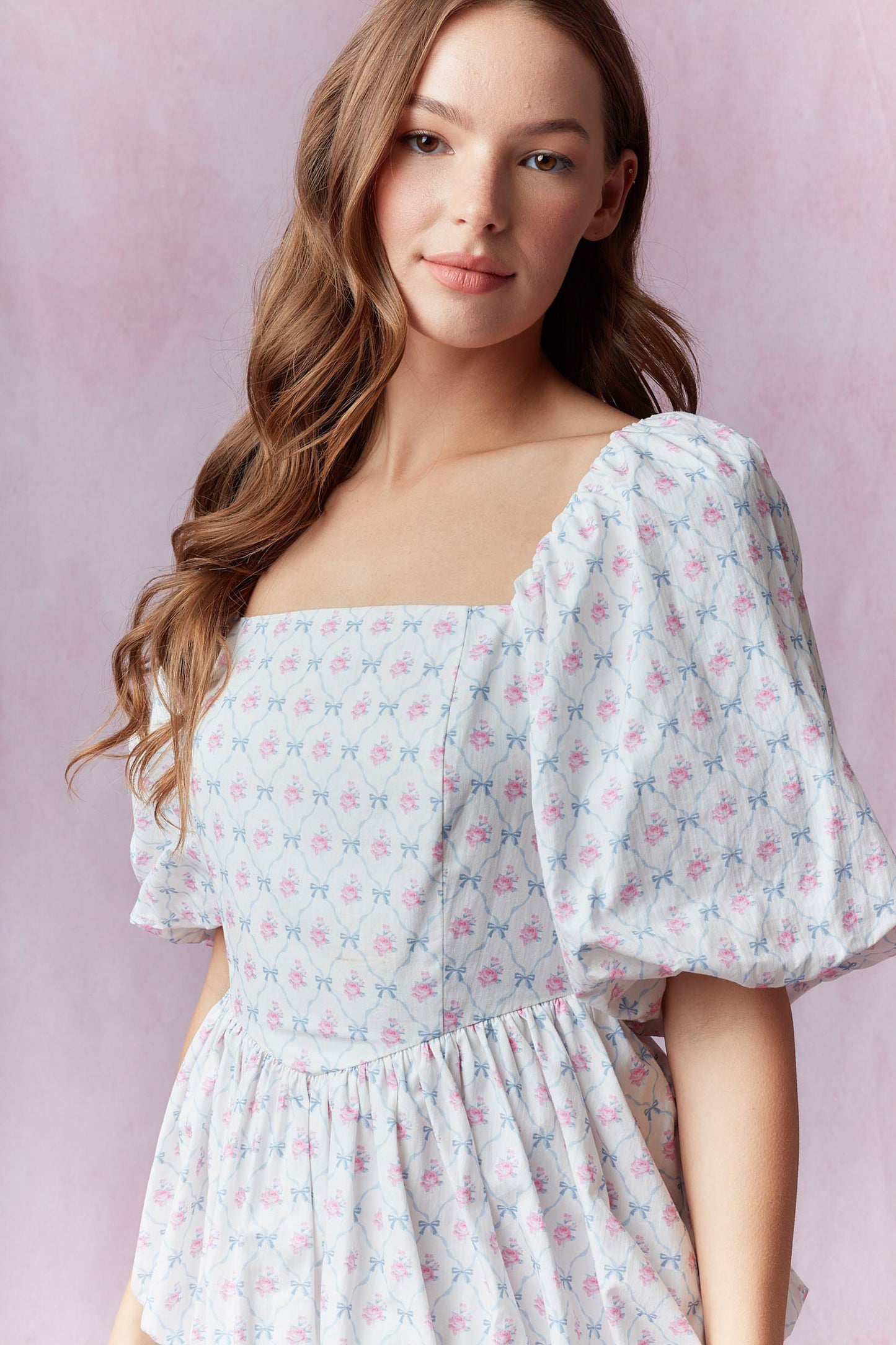 Cotton Poplin Floral Printed Double Bubble Hem Mini Dress
