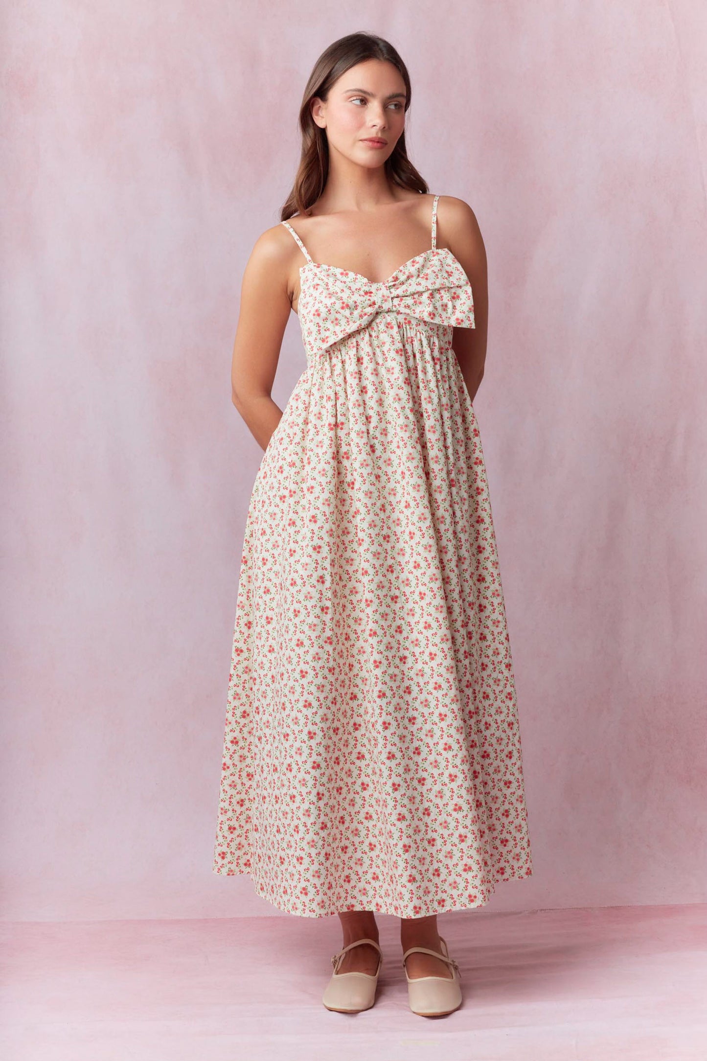 Cotton Poplin Floral Printed Bow Detail Midi