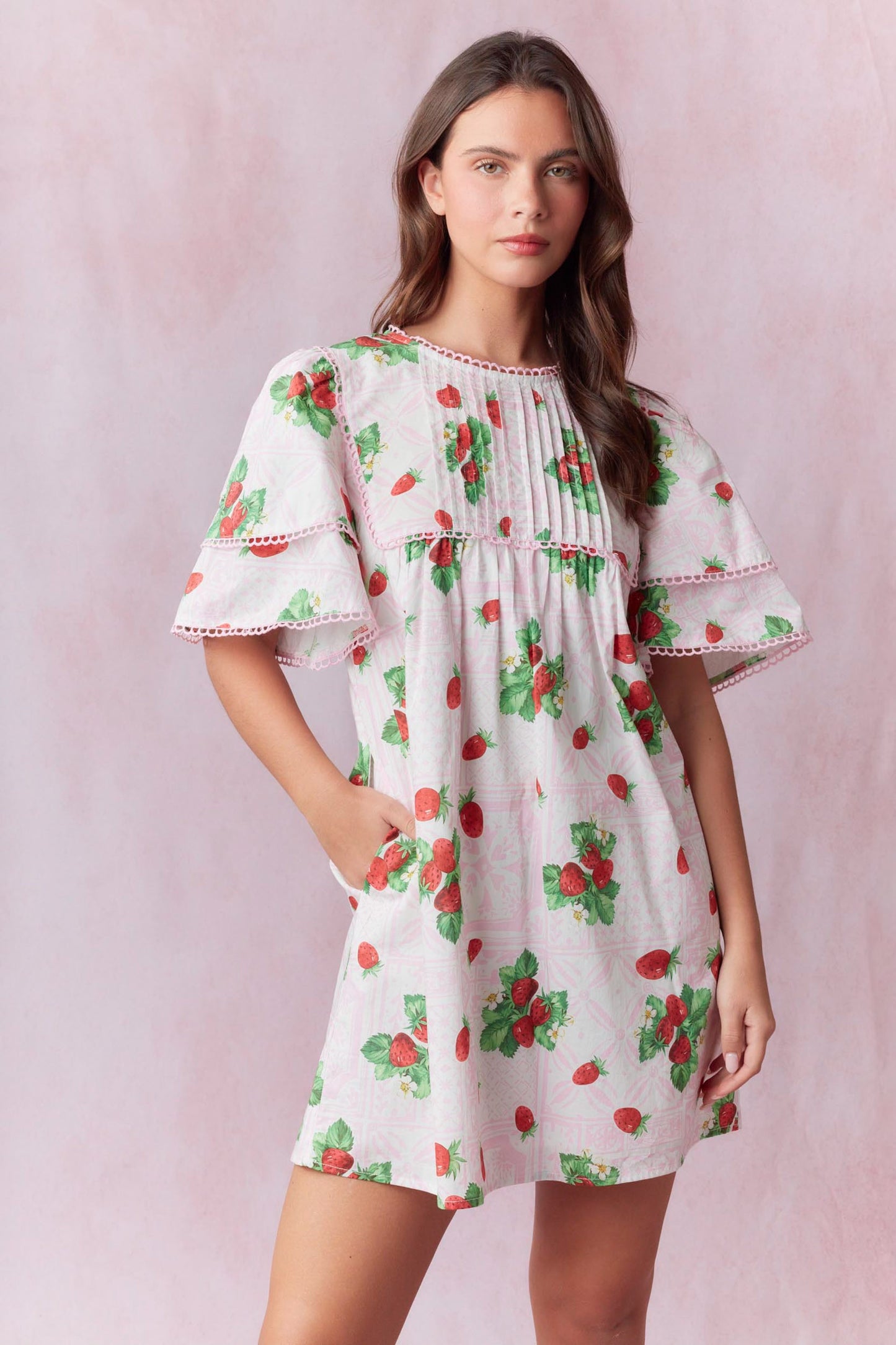Cotton Poplin Strawberry Printed Double Flutter Slv Mini Dress