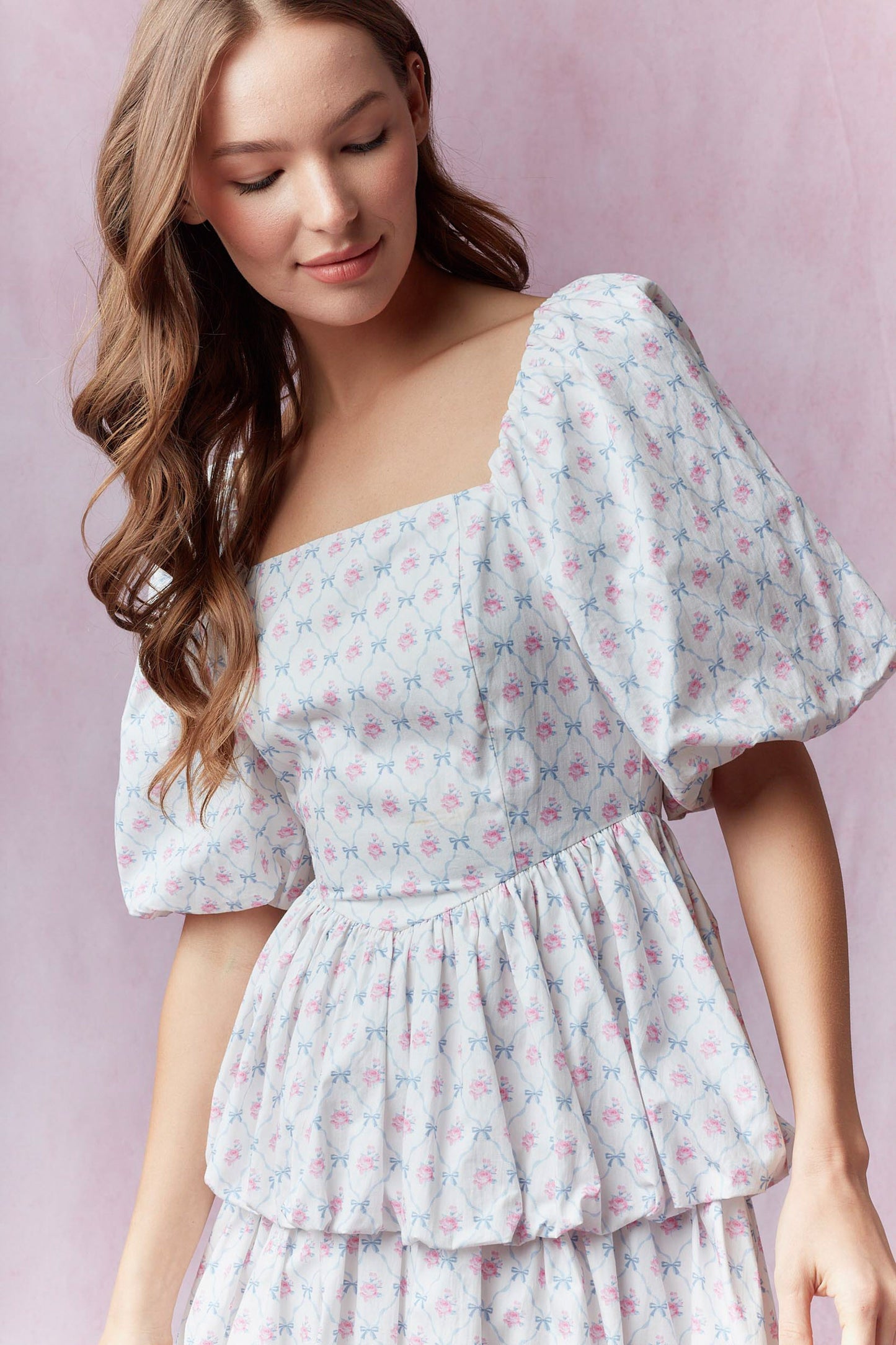 Cotton Poplin Floral Printed Double Bubble Hem Mini Dress