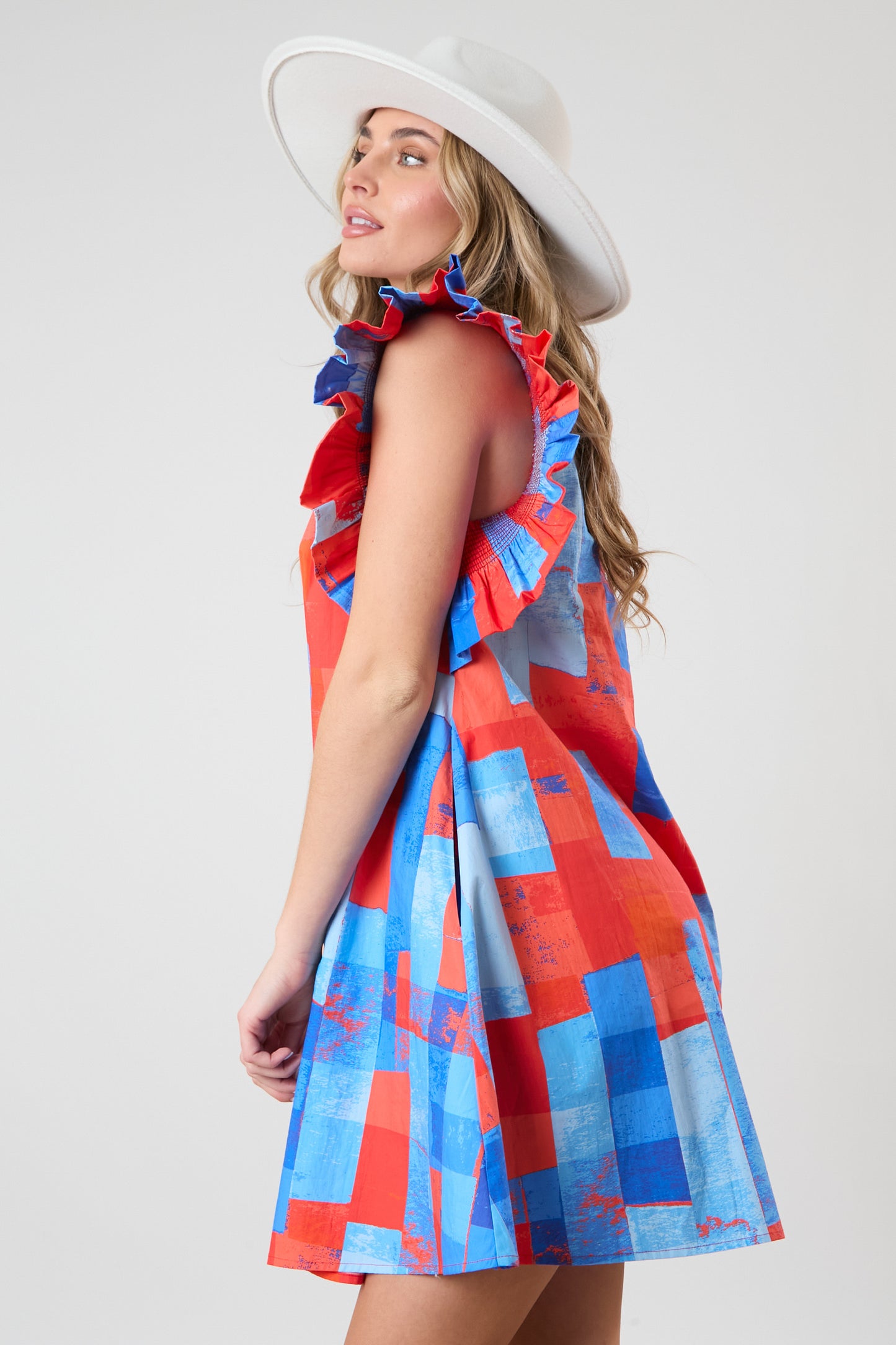 Geometric Print Ruffle Sleeve Dress