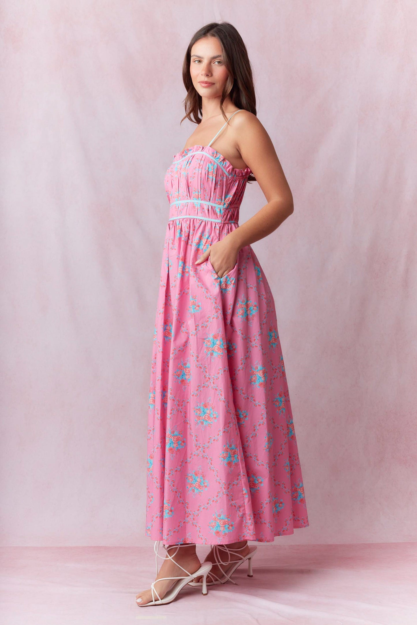 Cotton Poplin Floral Prints Maxi Dress in Pink