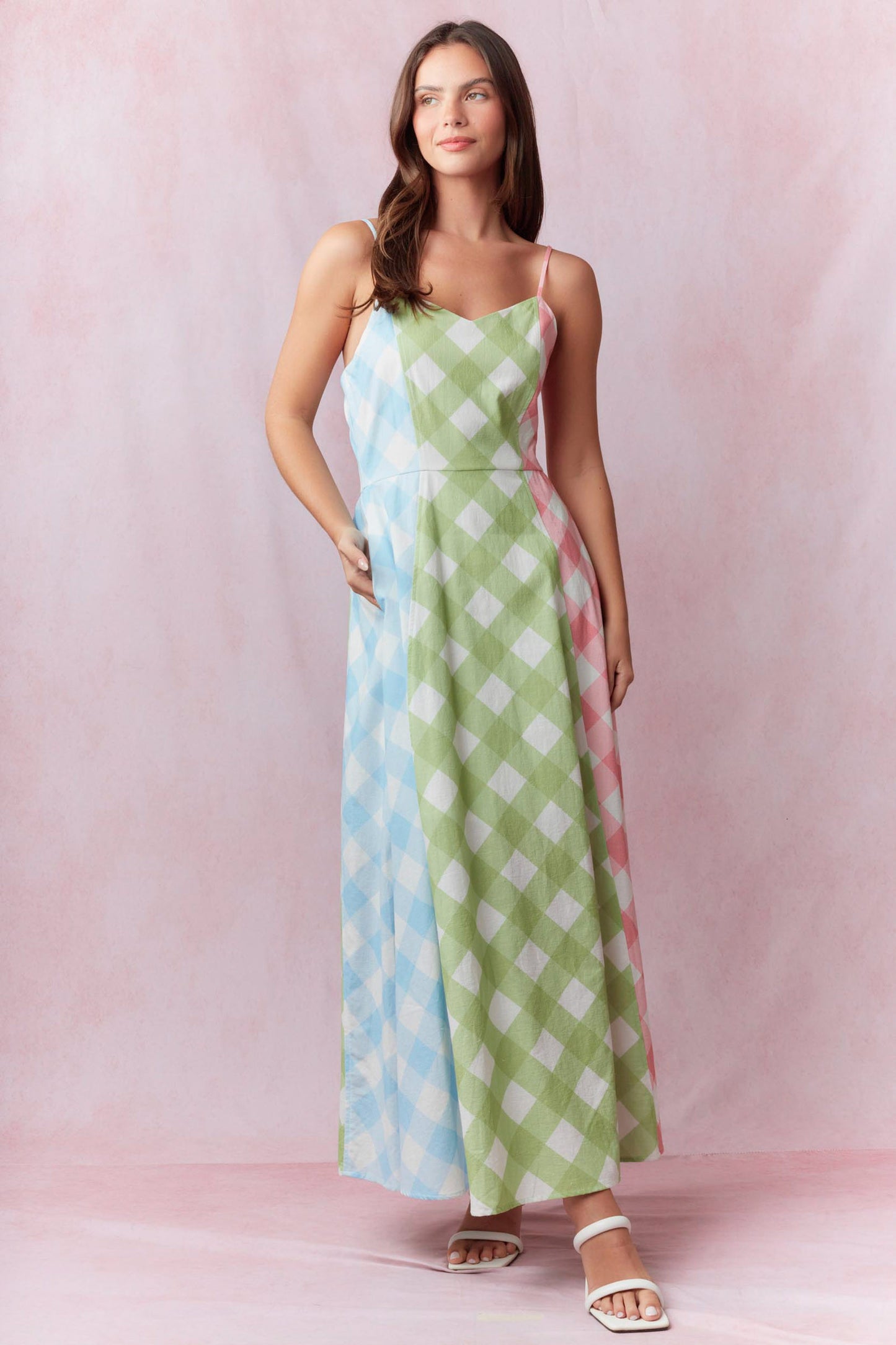 Gingham Printed Cotton Linen Color Mix Sleeveless Midi Dress