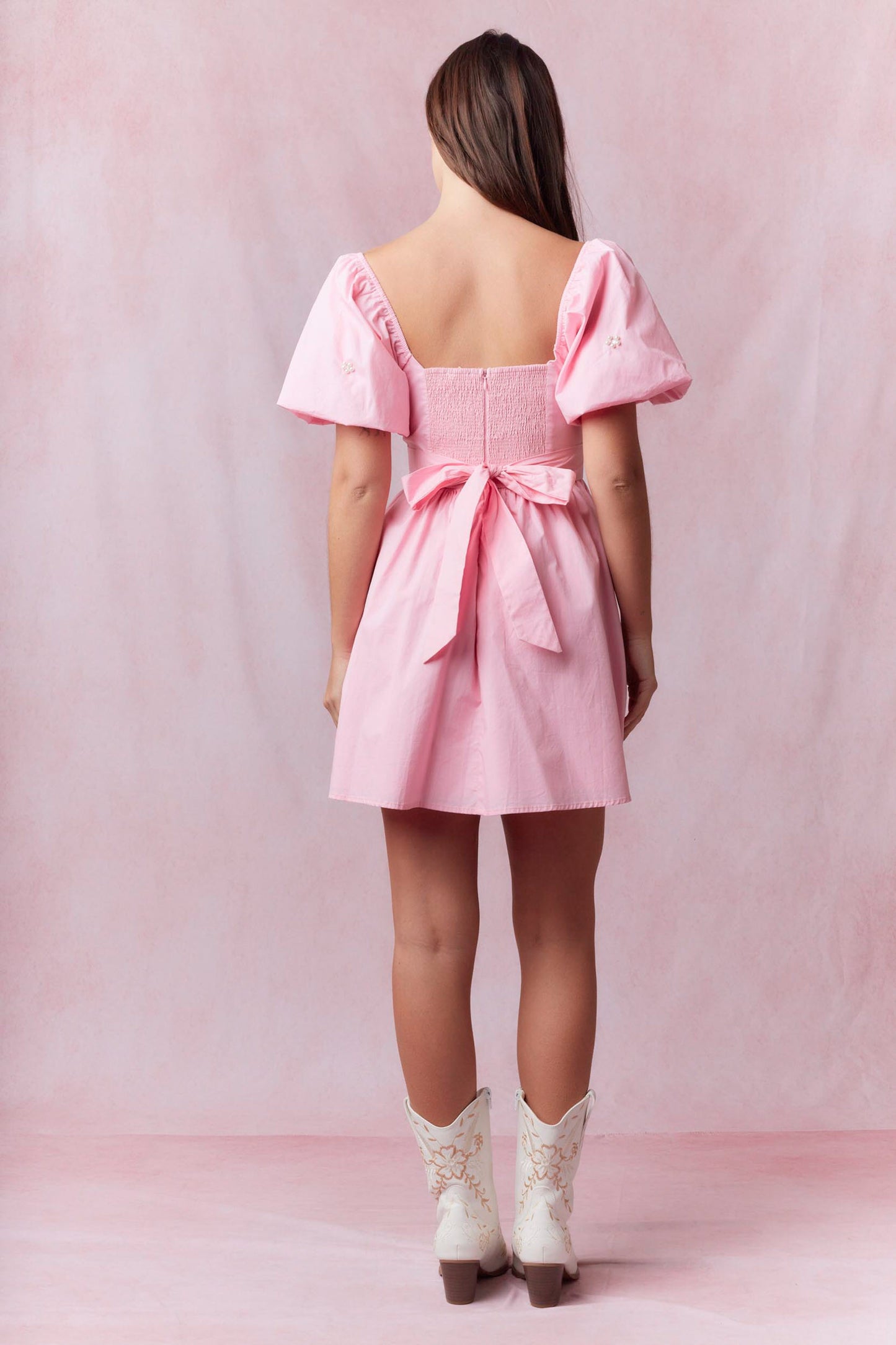 Solid Cotton Poplin Pearl Embroidered Square Neck Mini Dress