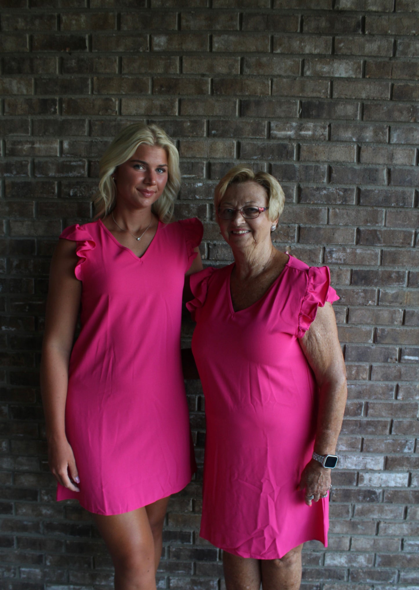 Hot Pink Ruffled V-Neck Flutter Sleeve Dress
