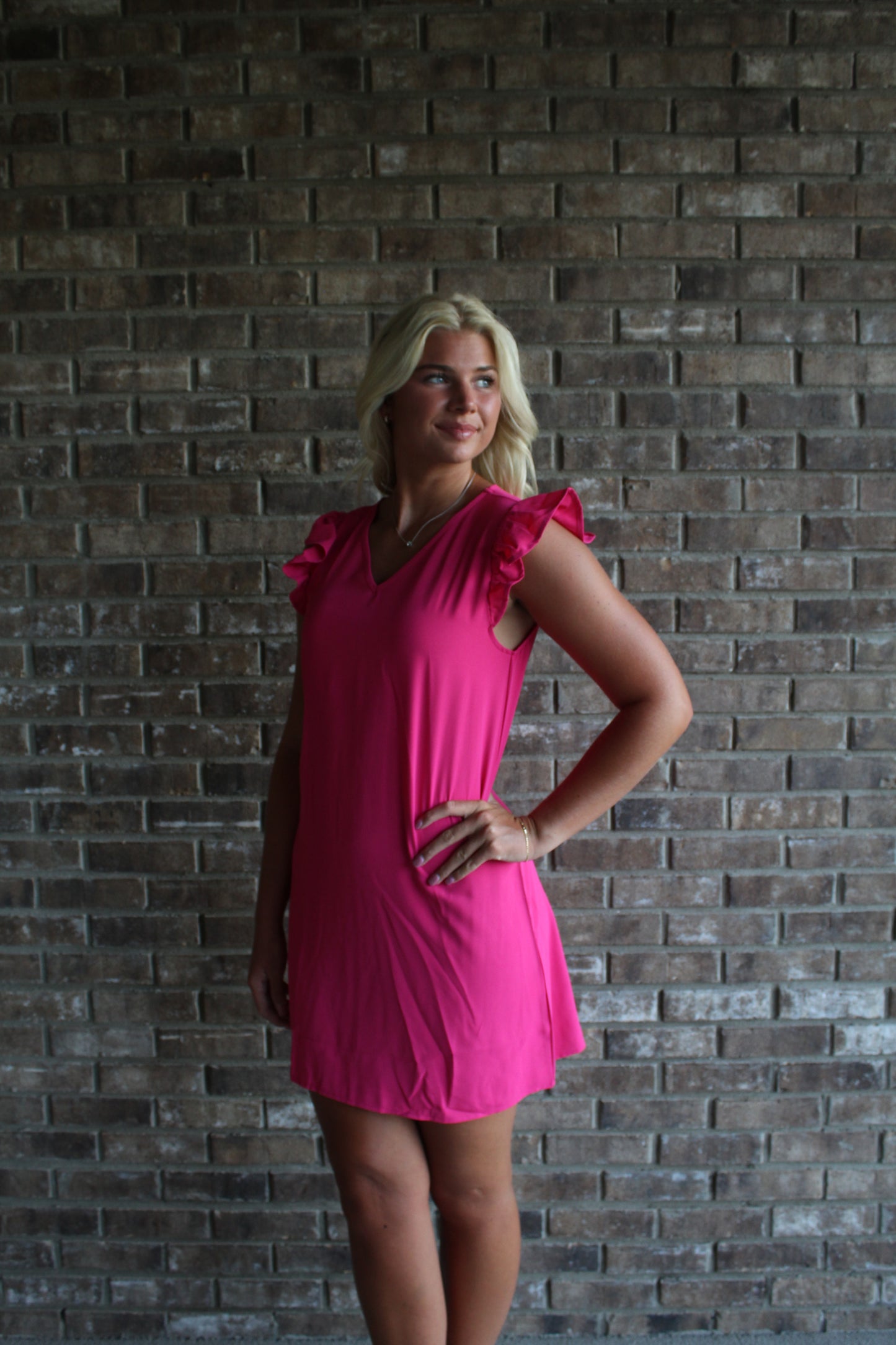 Hot Pink Ruffled V-Neck Flutter Sleeve Dress