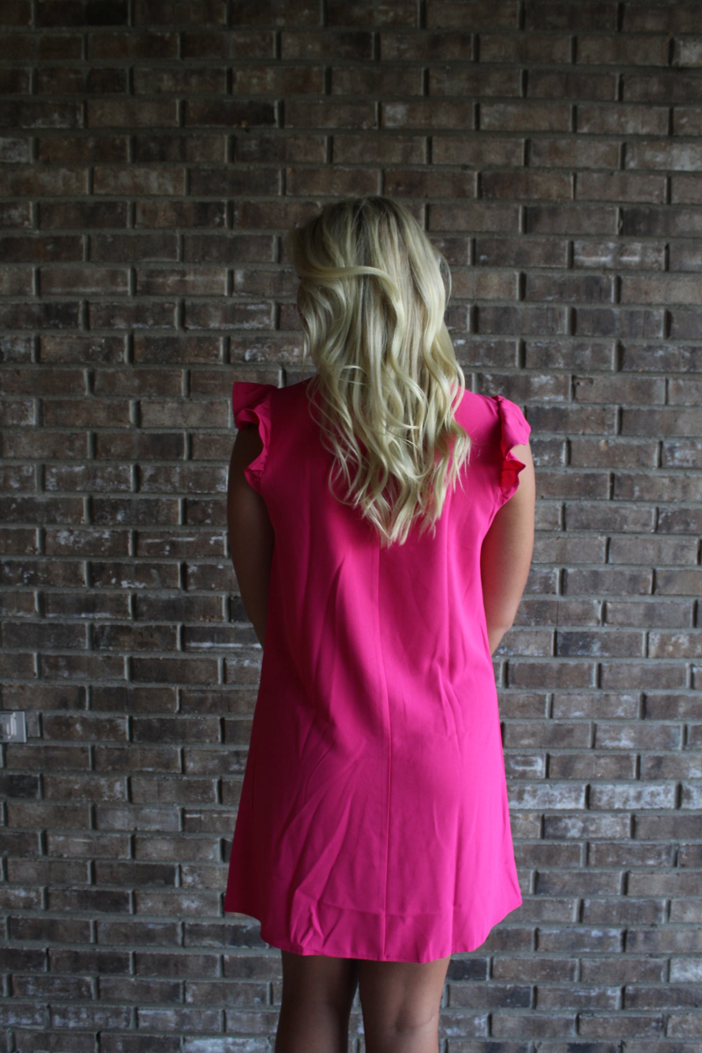 Hot Pink Ruffled V-Neck Flutter Sleeve Dress