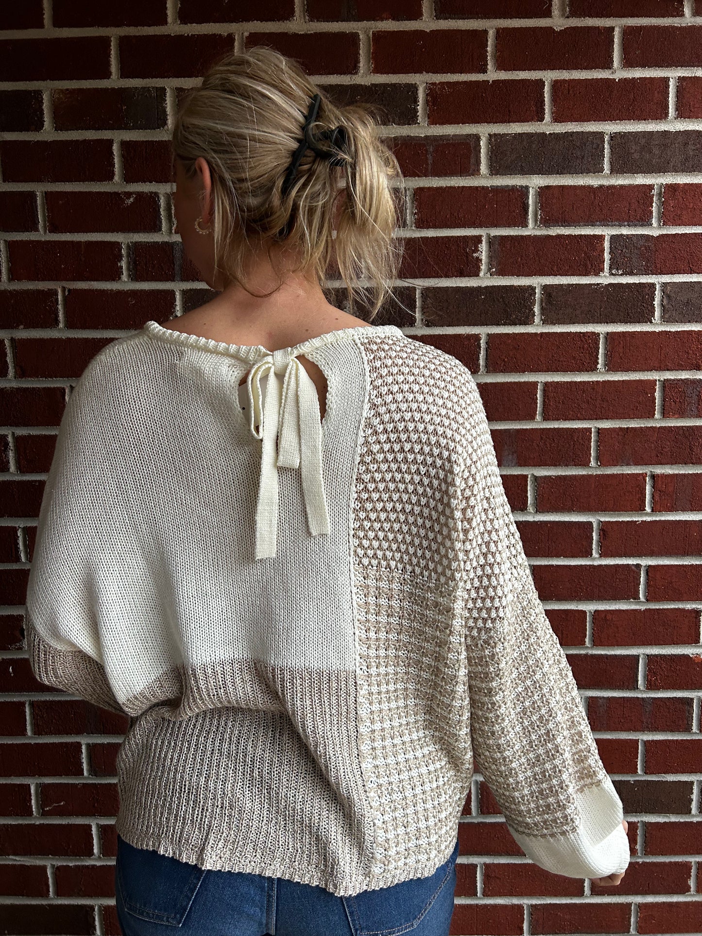 Back Tie Colorblock Knit Sweater in Khaki