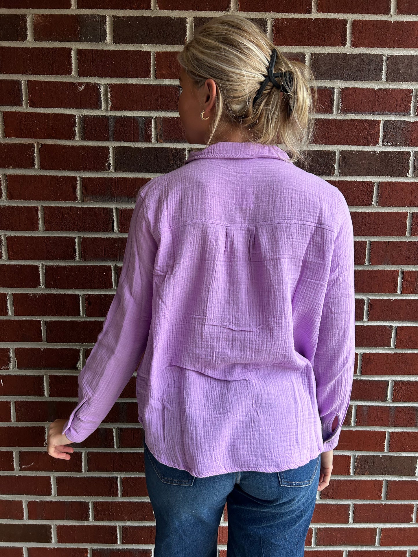 Long Sleeve Button Up Blouse in Purple