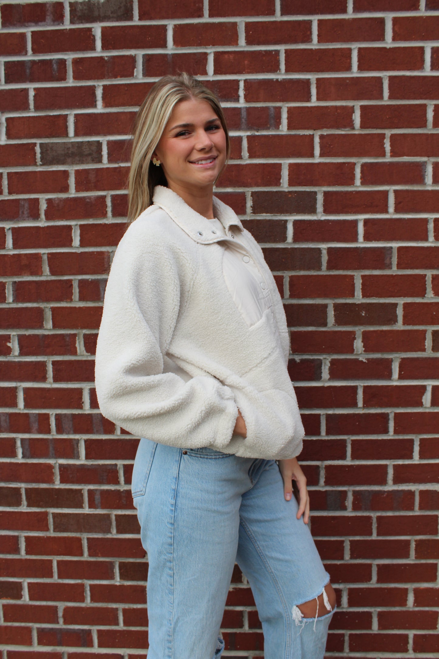 Solid Snap Button Fleece Jacket in Ivory
