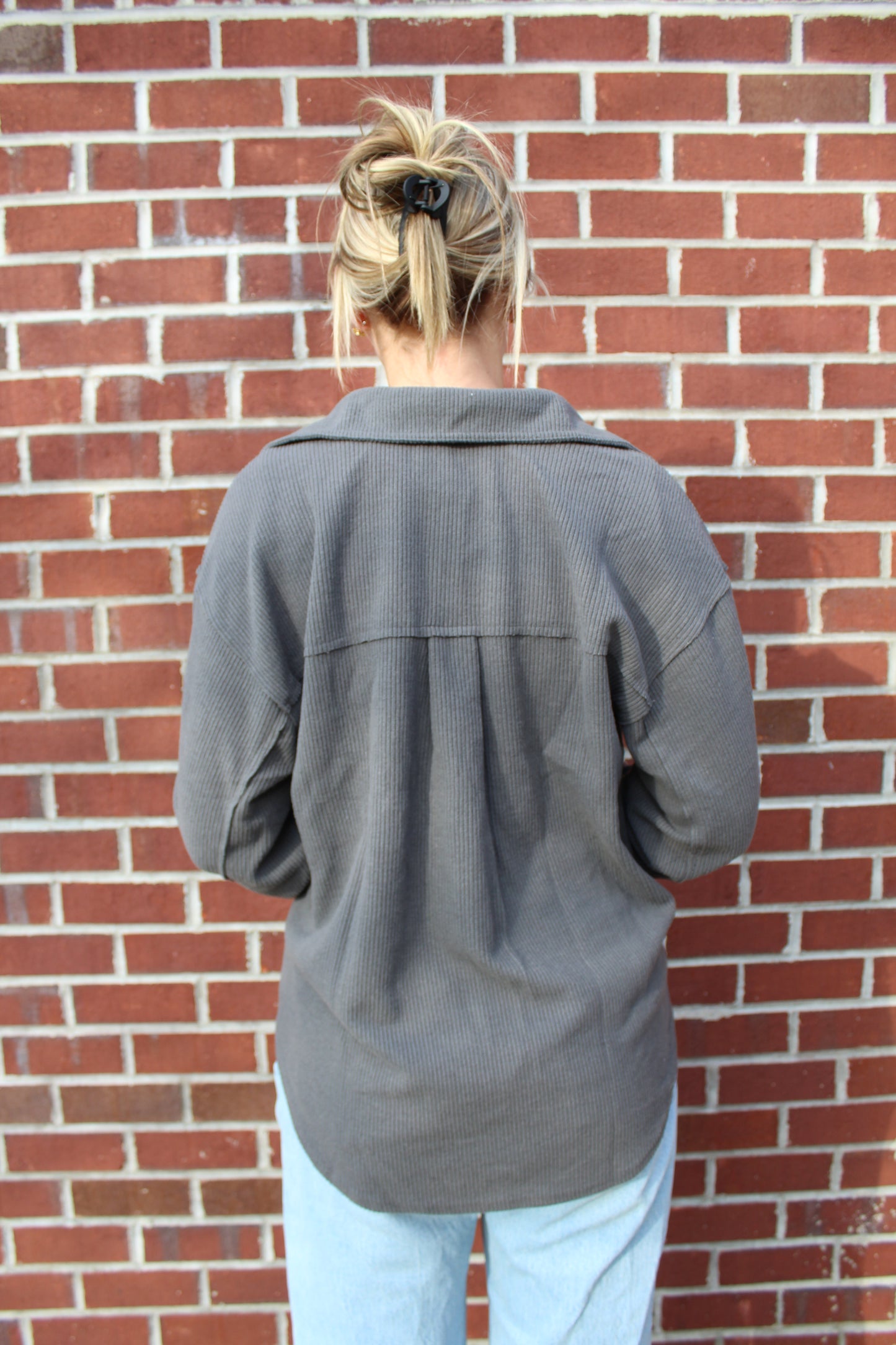 Rib Knit Exposed Seam Shacket in Charcoal