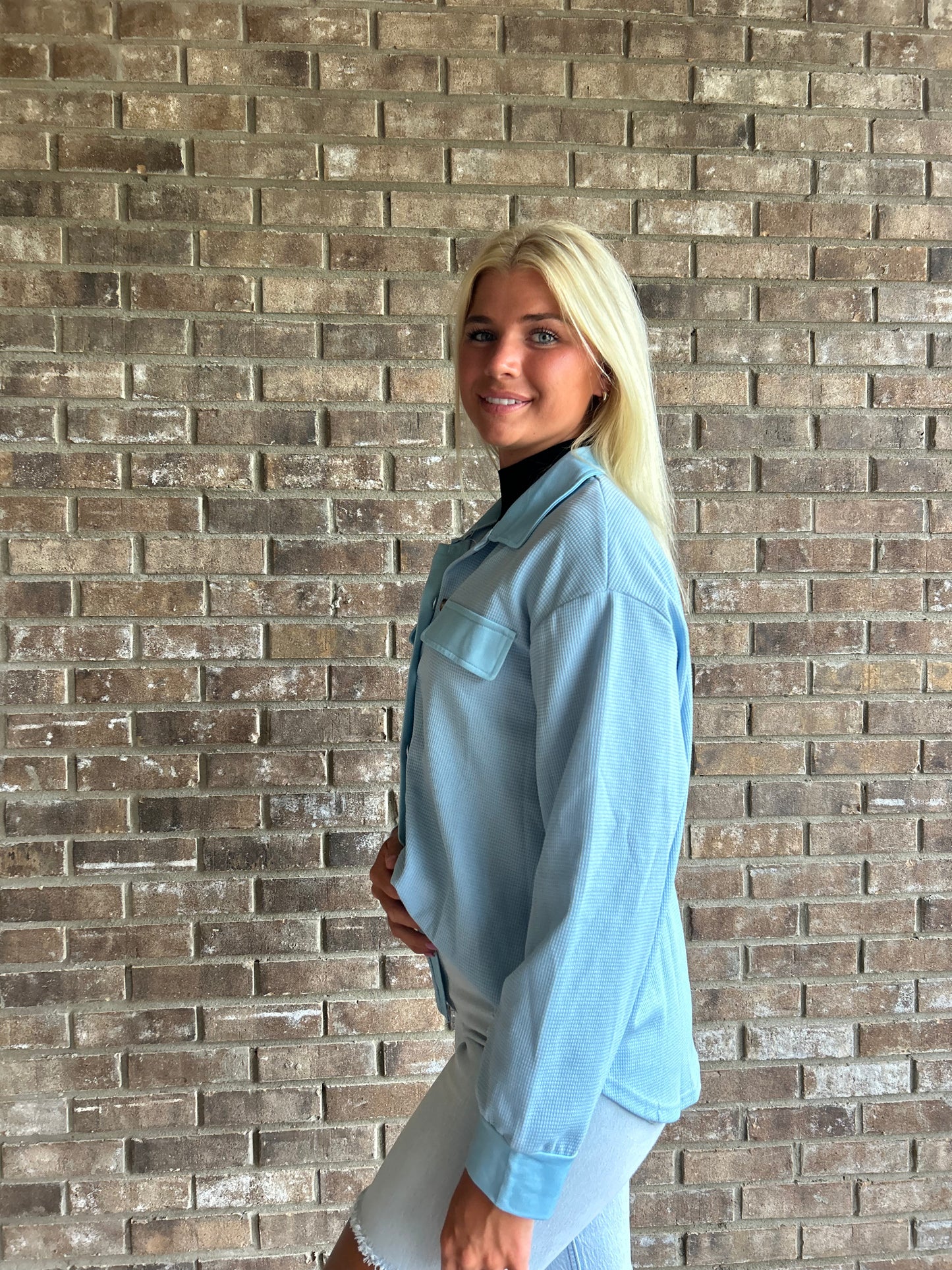 Waffle-Knit Decorative Flap Jacket in Blue