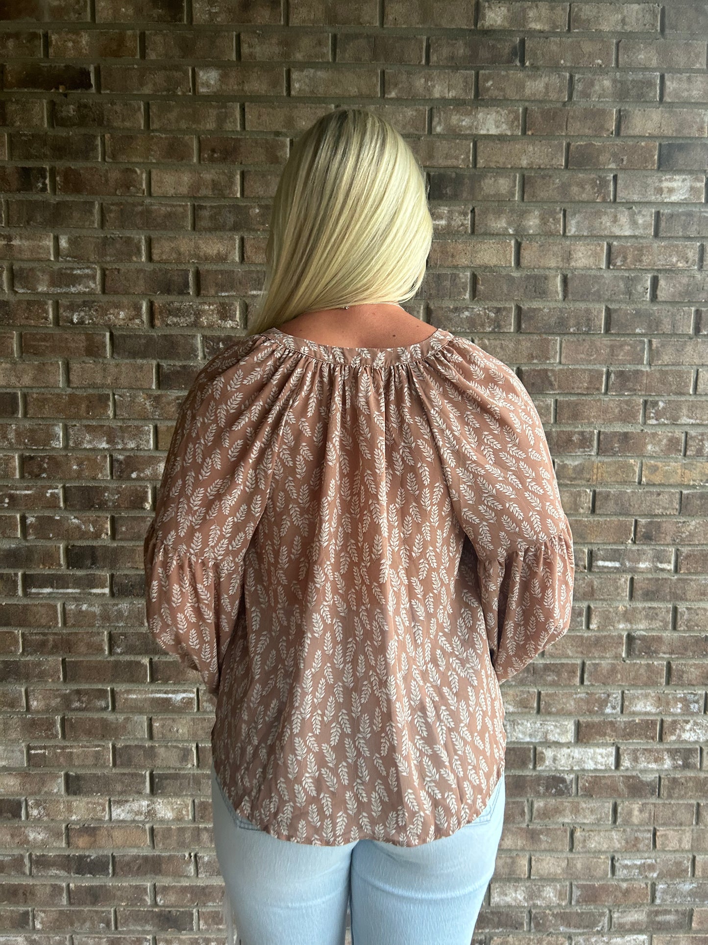 BALLOON SLEEVE LEAF PRINT TOP
