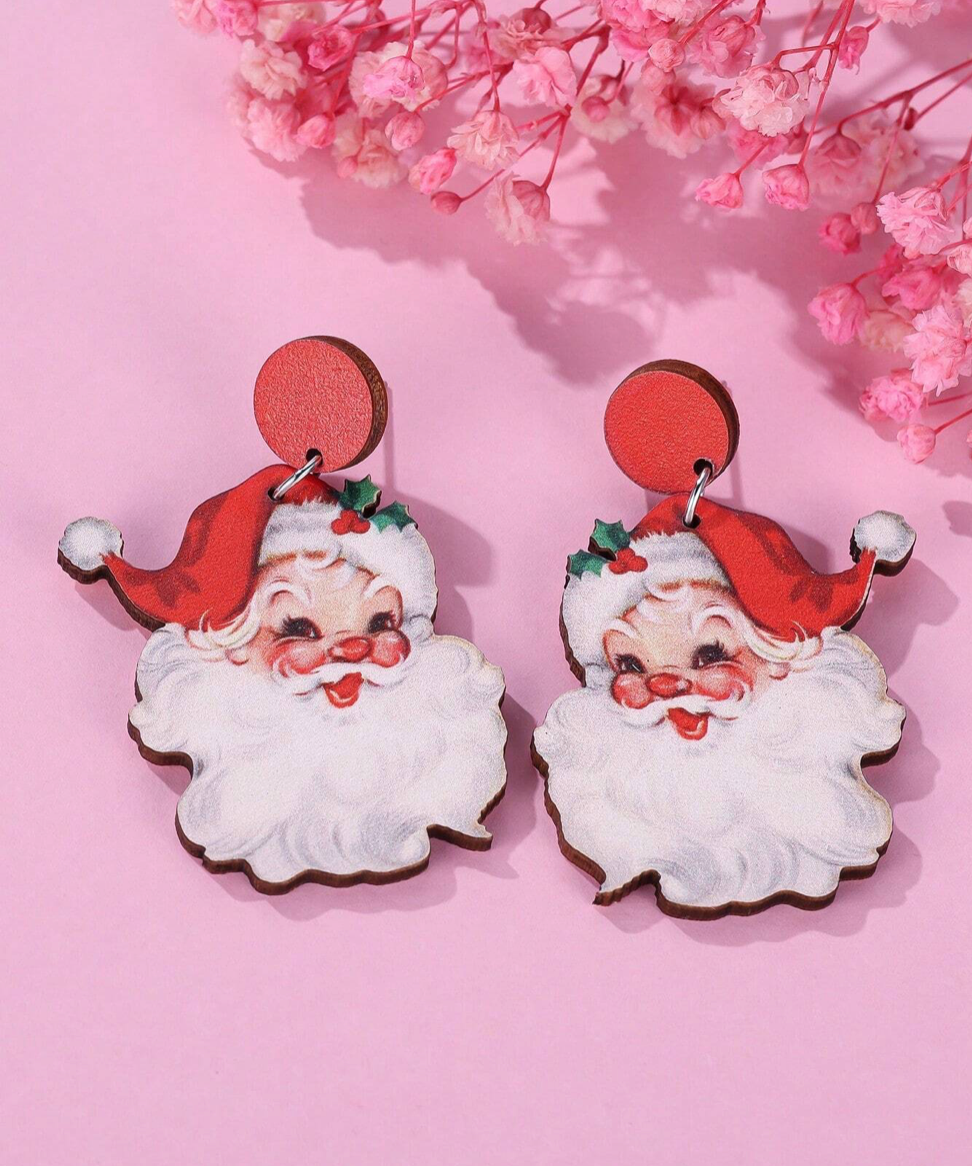 Wooden Red Santa Earrings