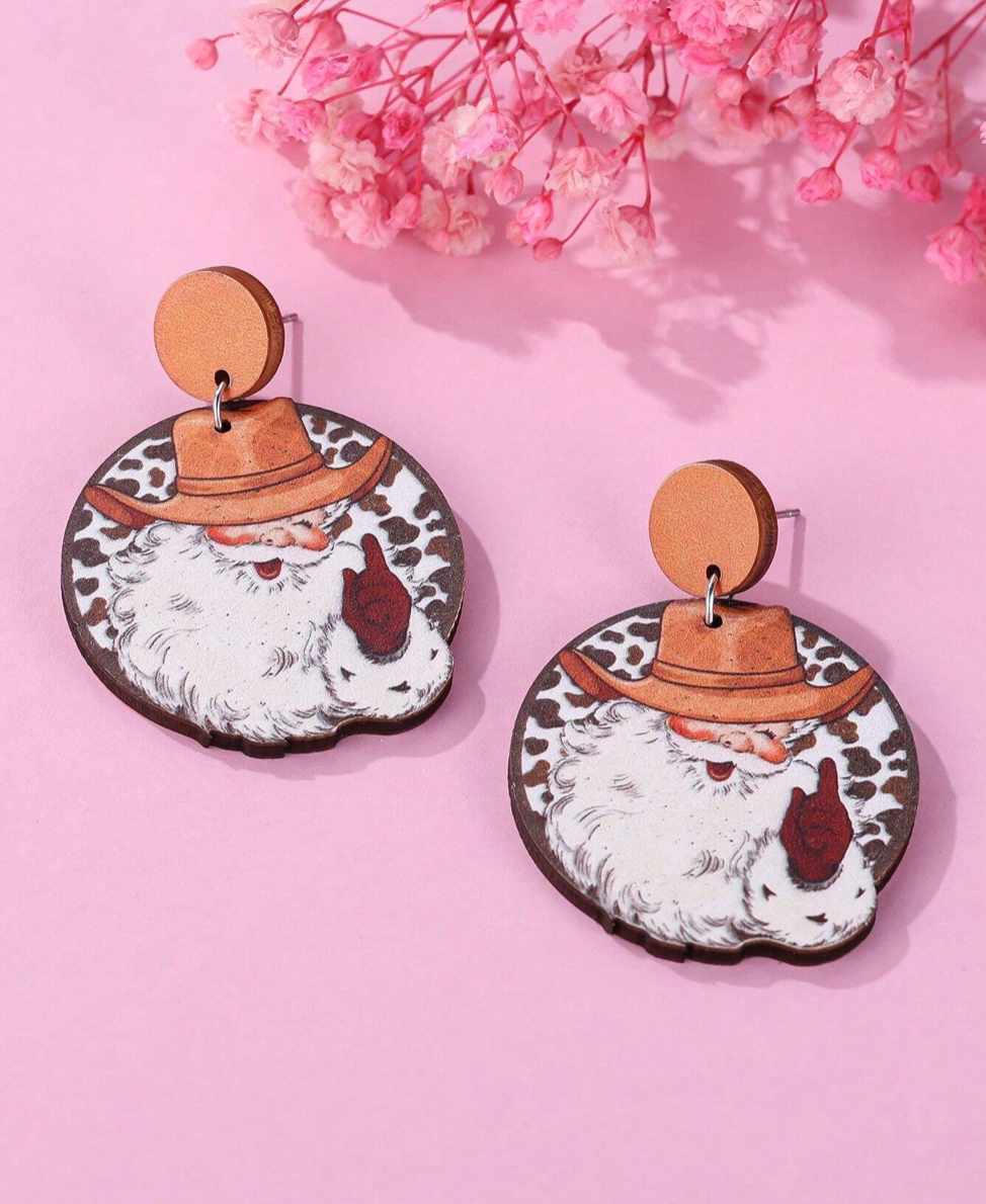 Wooden Cowboy Santa Earrings
