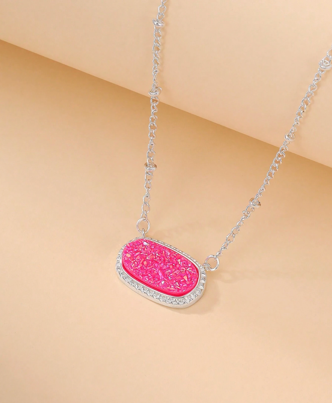 Pink and Silver Oval Pendant Necklace