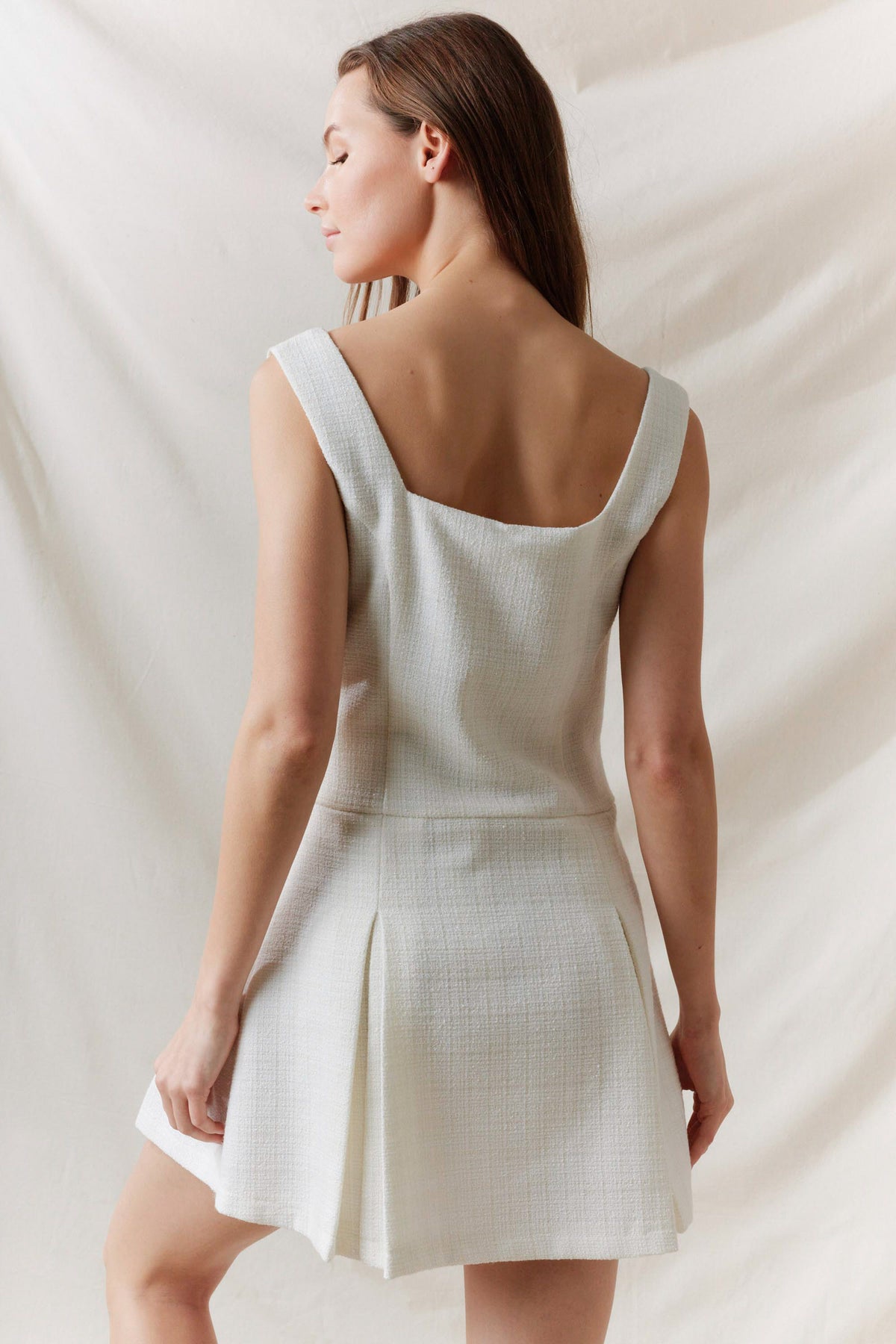 Square Neck Bow Detail Pleated Tweed Mini Dress