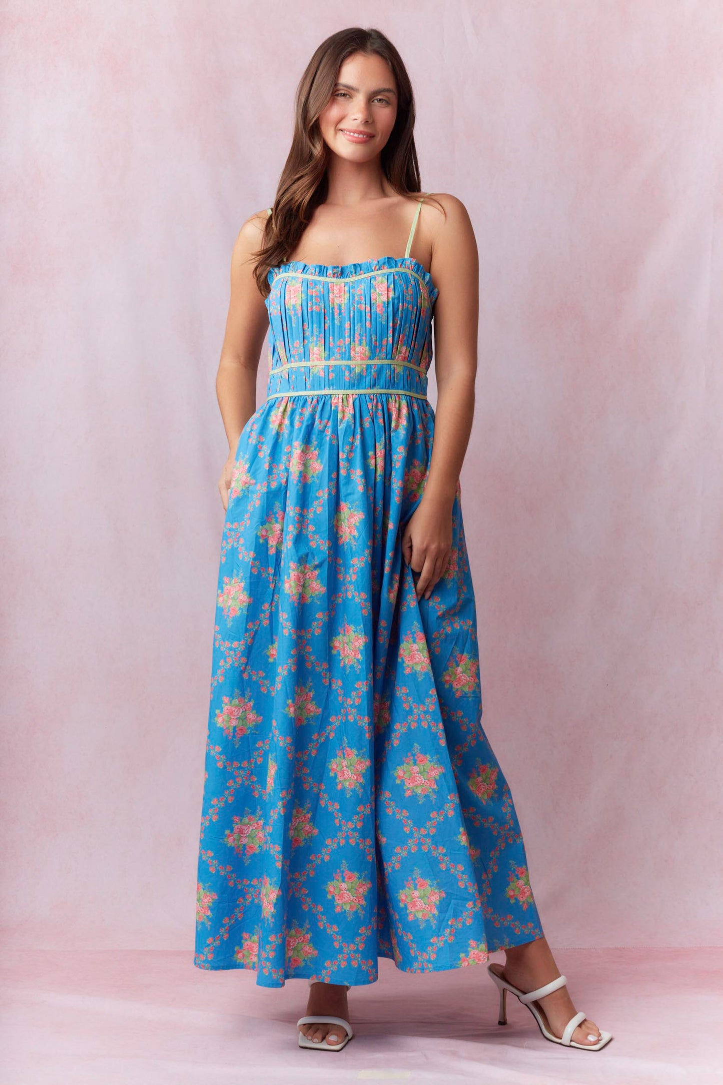 Cotton Poplin Floral Prints Maxi Dress in Blue