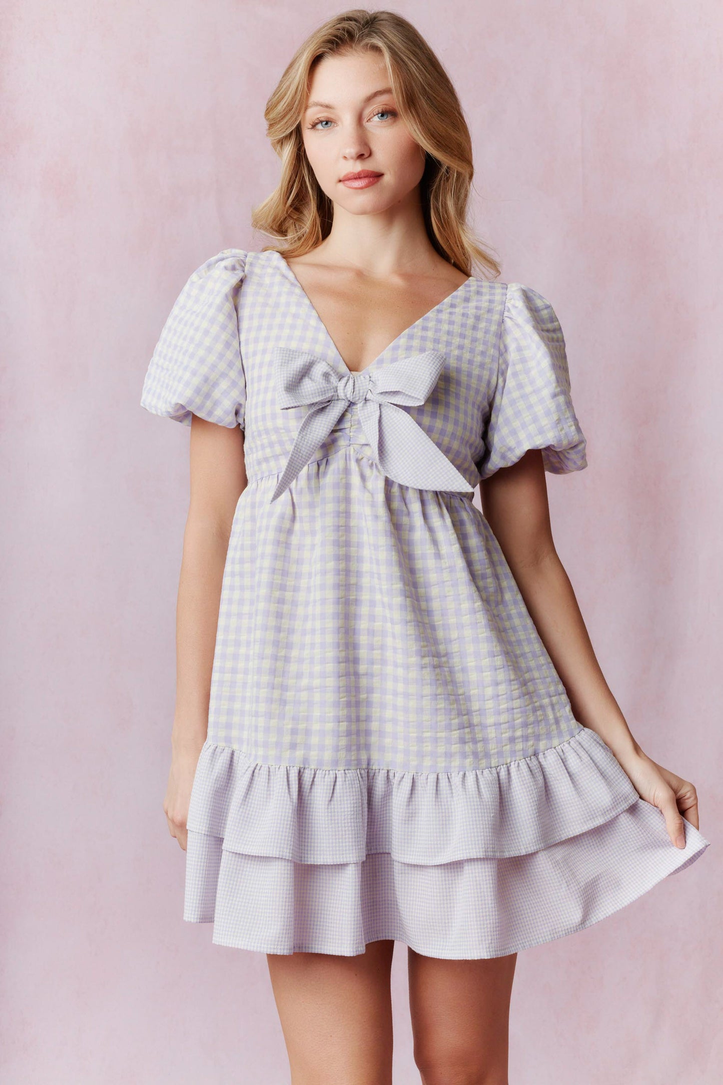 Seersucker Gingham Print Balloon Sleeve Ruffled Mini Dress