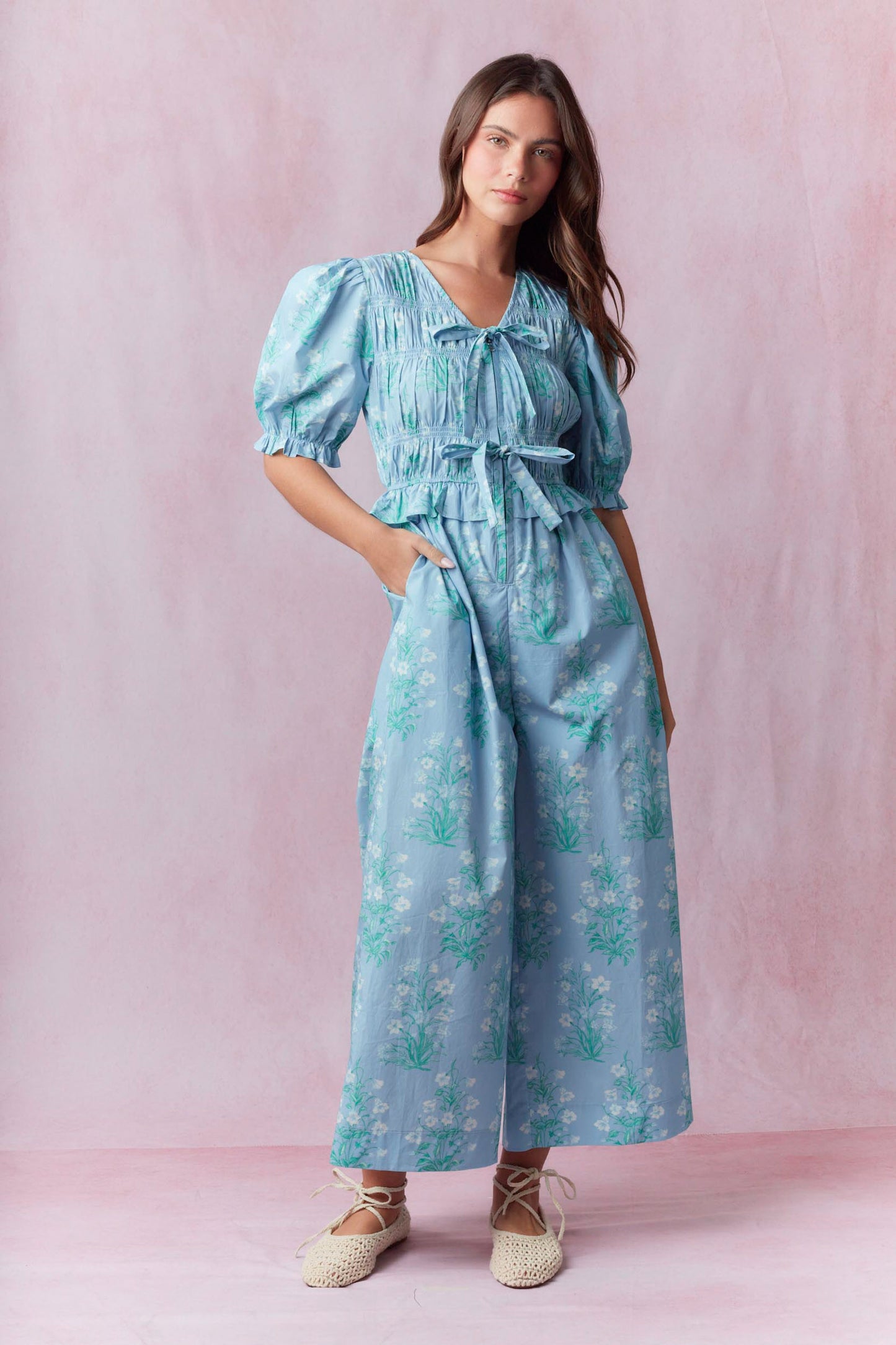 Cotton Poplin Floral Printed Short Puff Sleeve Jumpsuit