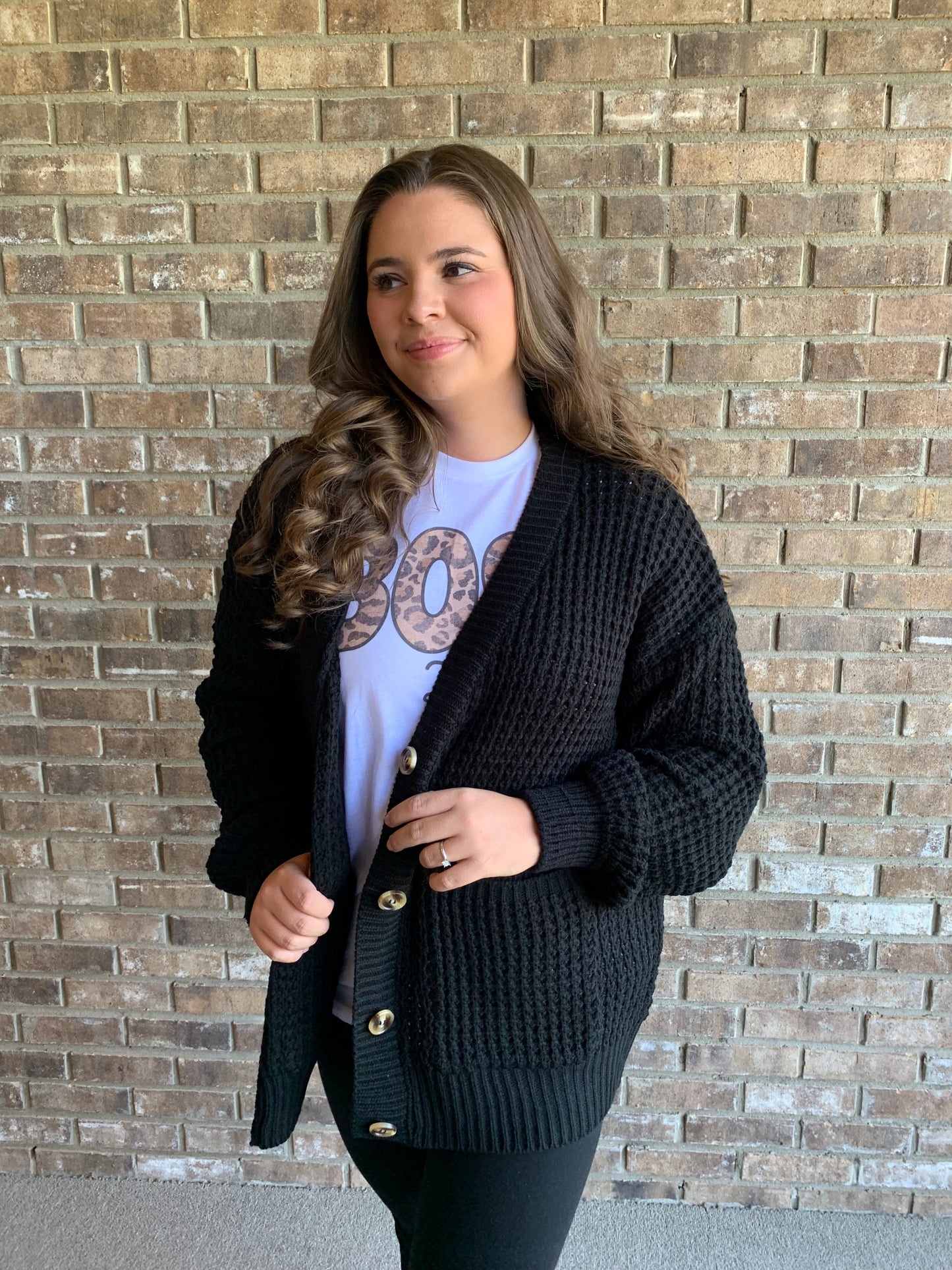 Plus Size - WAFFLE CARDIGAN SWEATER WITH POCKETS IN BLACK