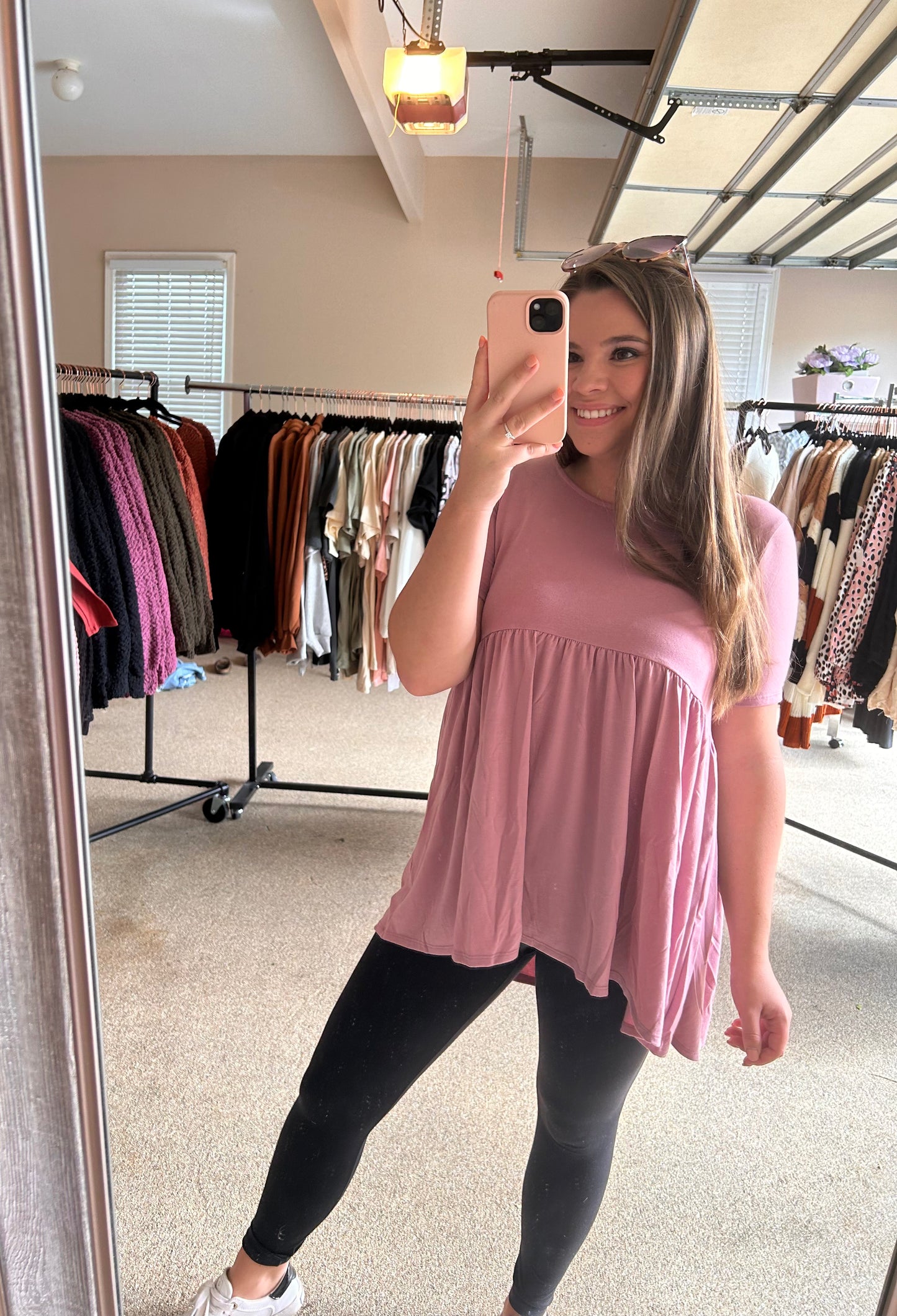 Short sleeve waist shirring top in Ash Rose