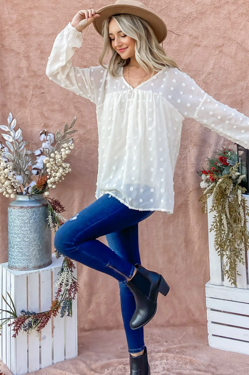 Swiss Dot V Neck Woven Top in Ivory