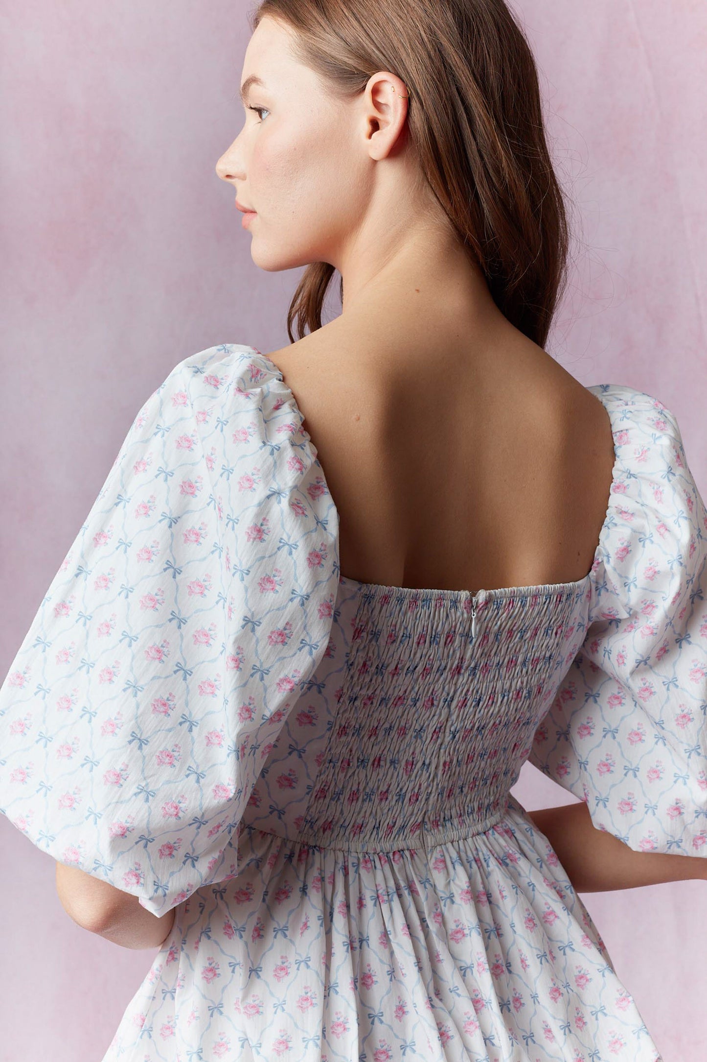 Cotton Poplin Floral Printed Double Bubble Hem Mini Dress
