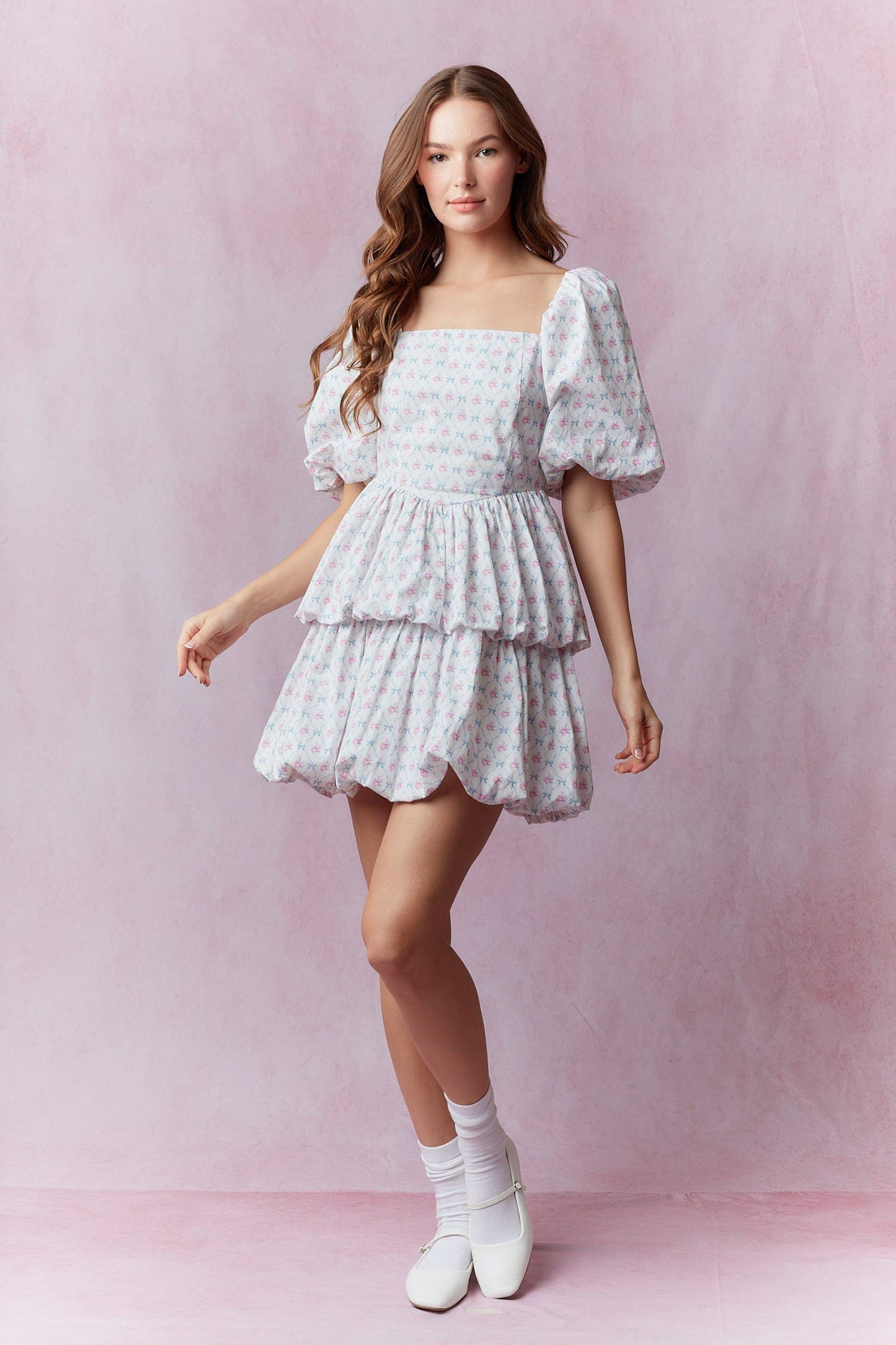 Cotton Poplin Floral Printed Double Bubble Hem Mini Dress