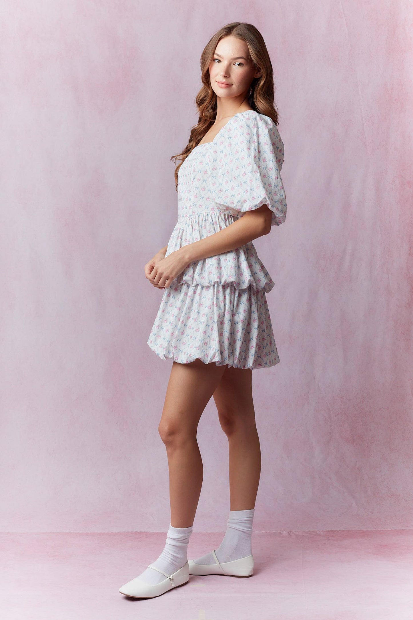 Cotton Poplin Floral Printed Double Bubble Hem Mini Dress