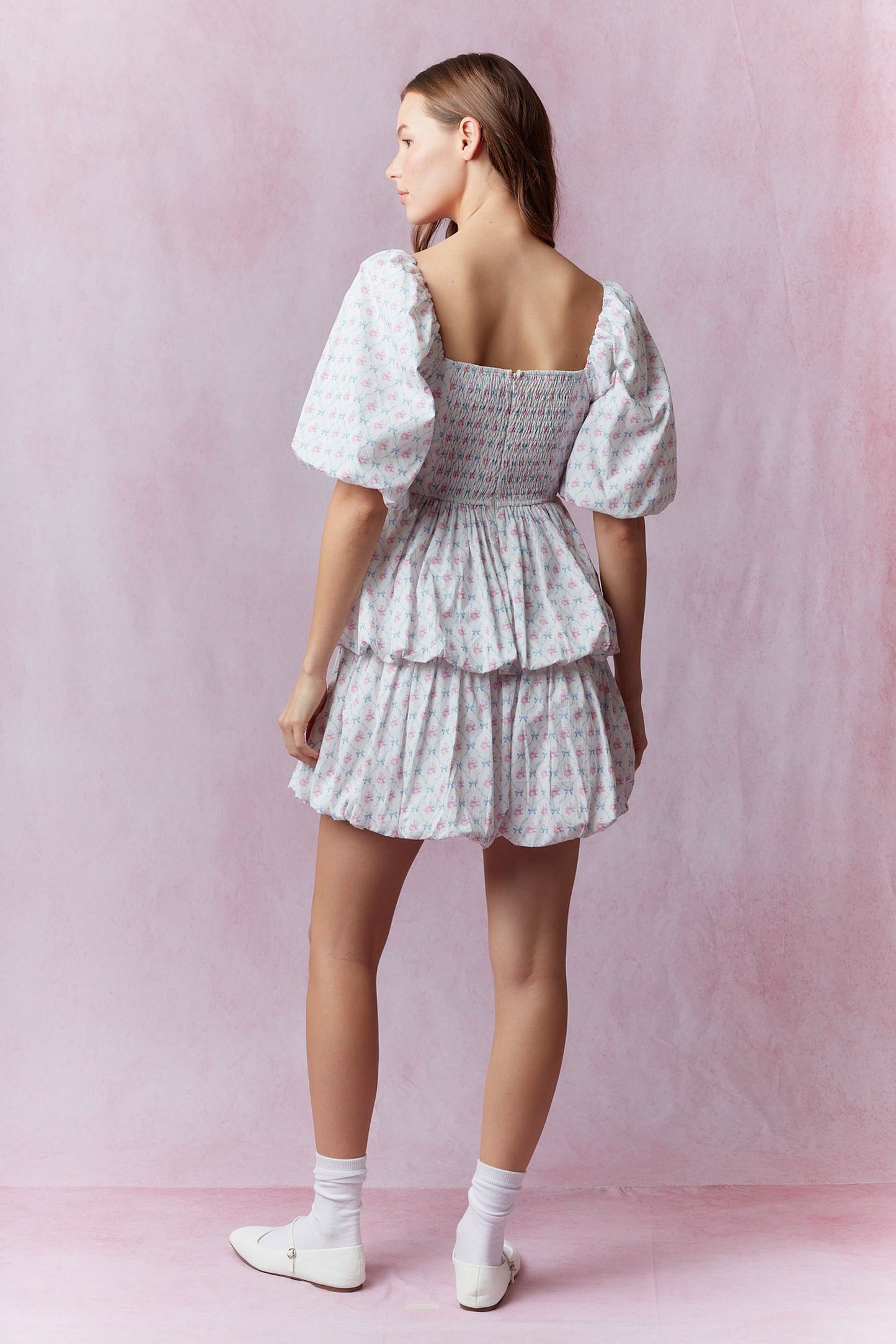 Cotton Poplin Floral Printed Double Bubble Hem Mini Dress