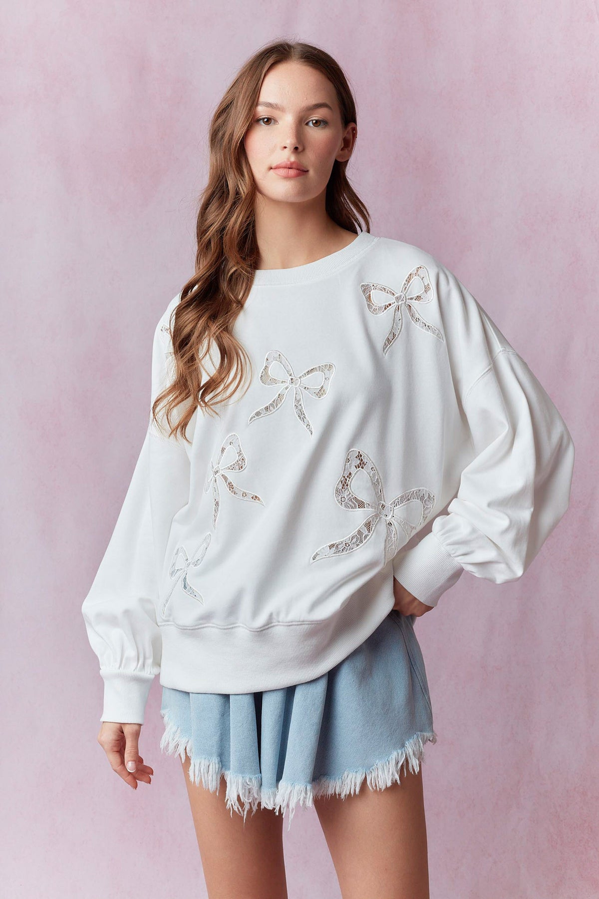 Bow Lace Embroidery Sweatshirt In White