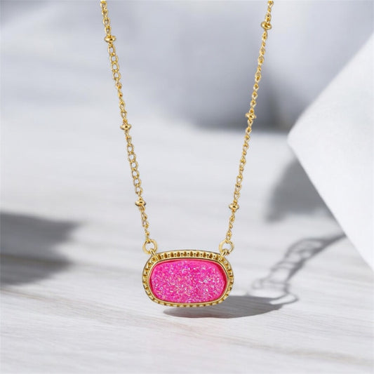 Pink and Gold Oval Pendant Necklace