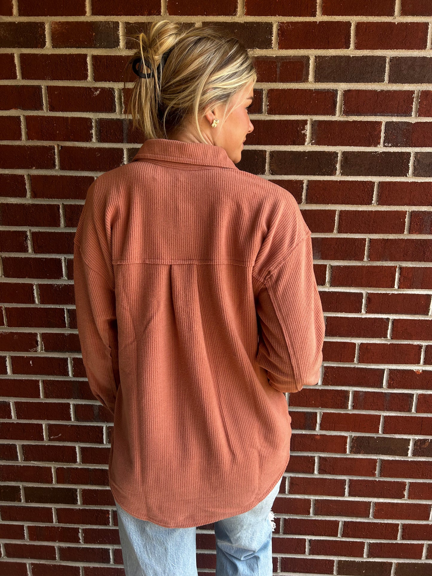 Rib Knit Exposed Seam Shacket in Terracotta