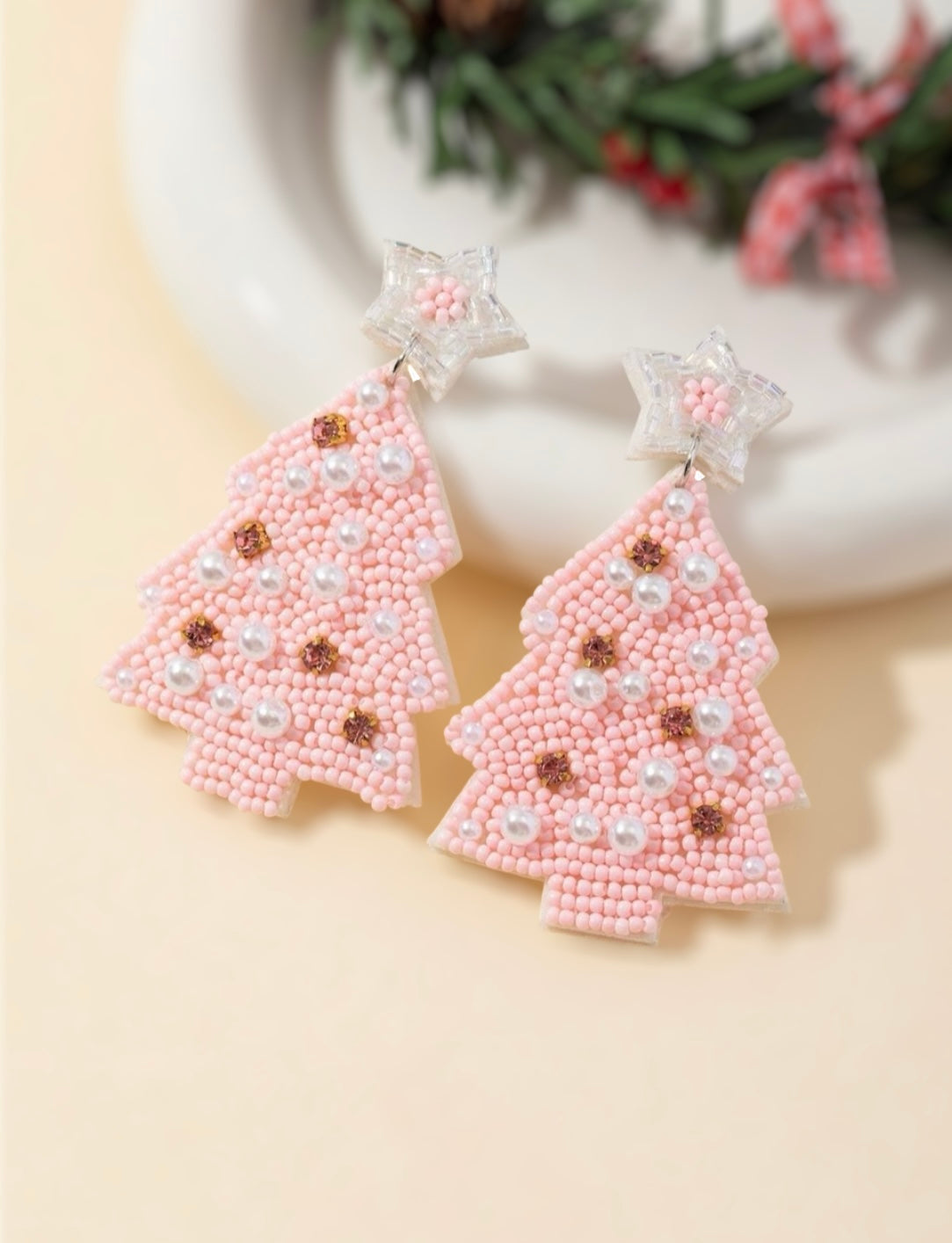 Pink Beaded Christmas Tree Earrings