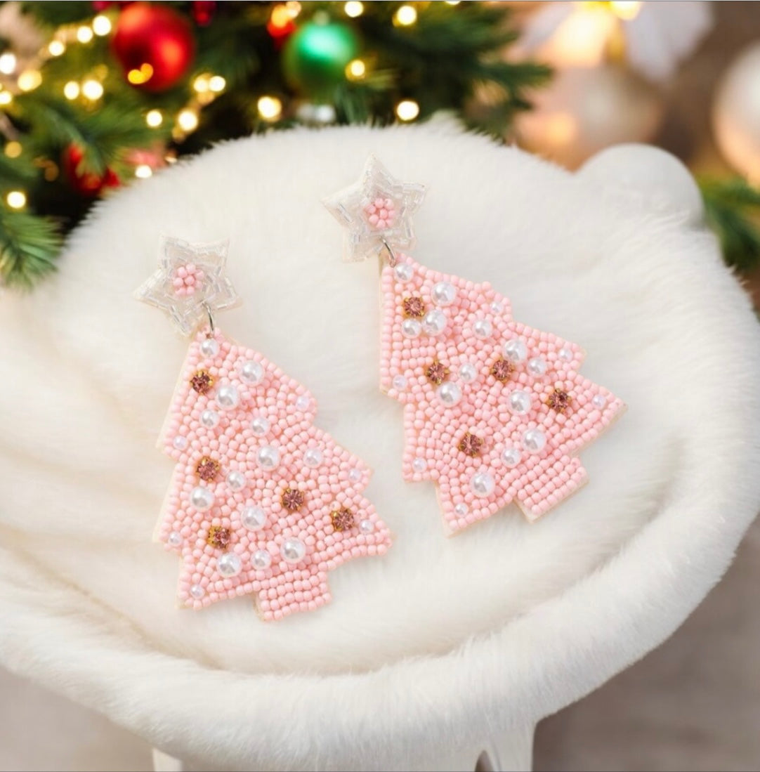 Pink Beaded Christmas Tree Earrings