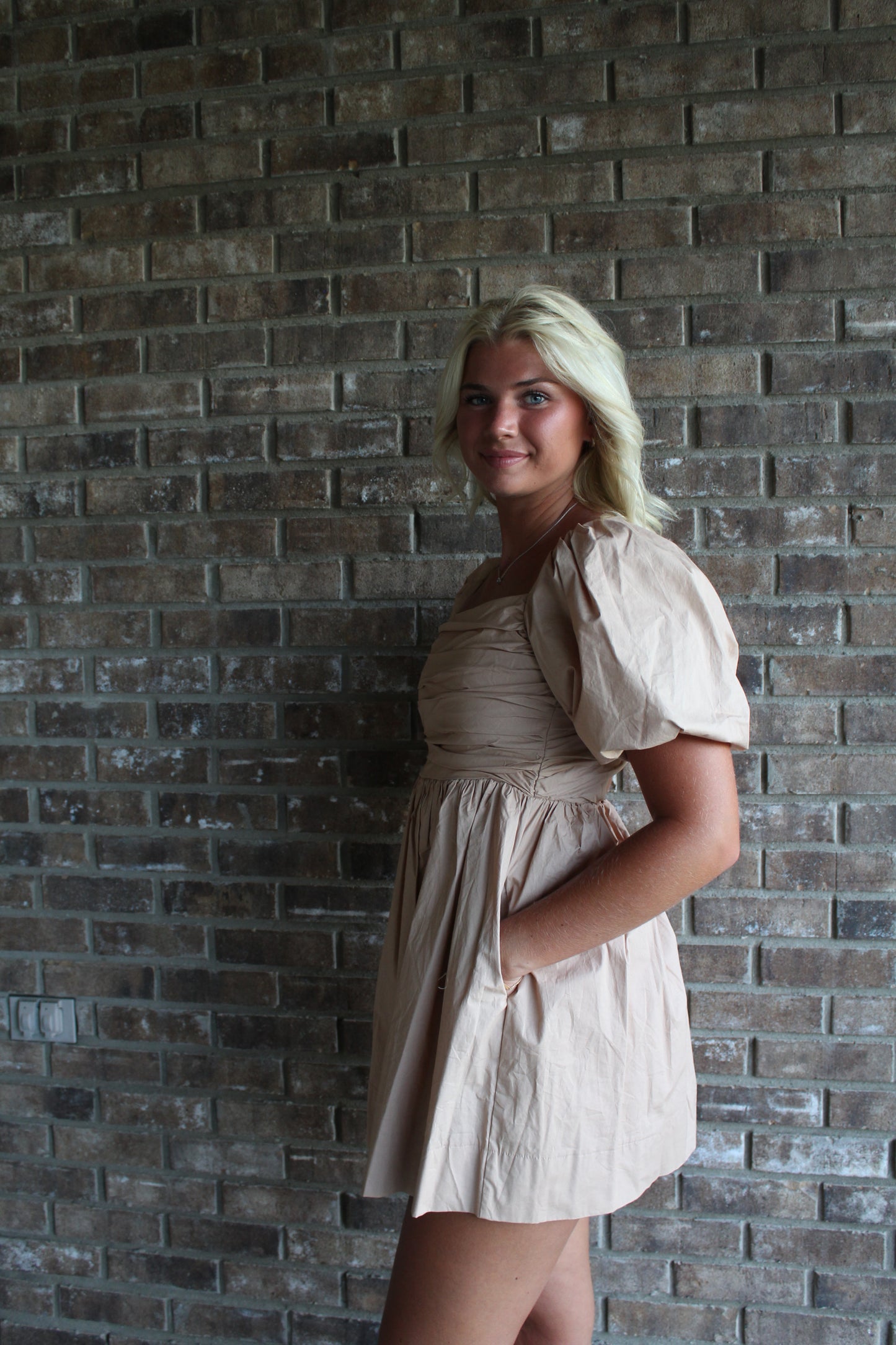 TAN RUCHED FRONT DRESS