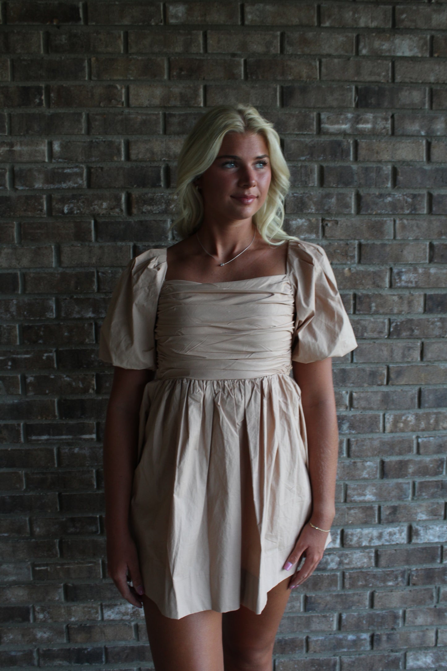 TAN RUCHED FRONT DRESS